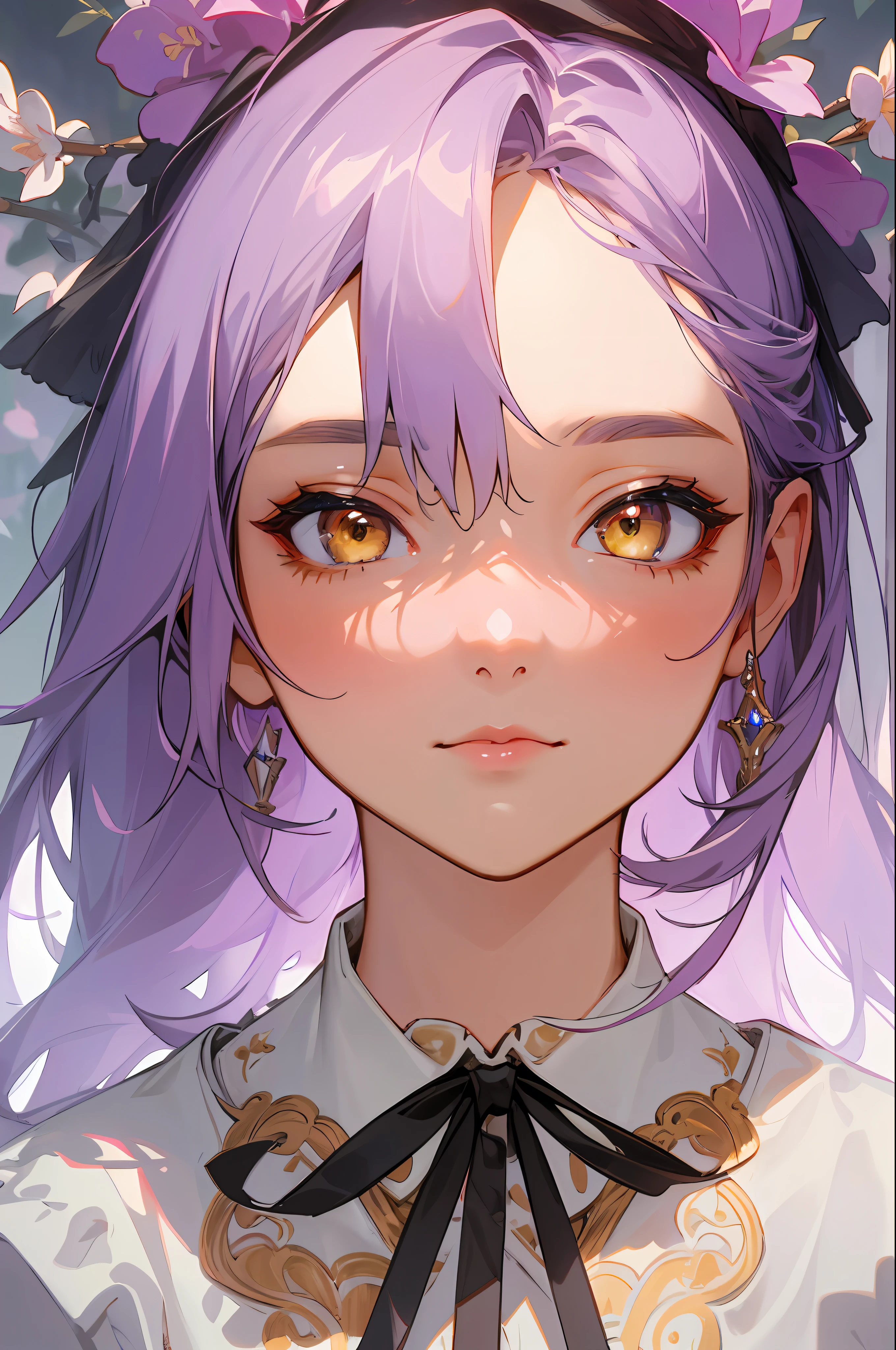 (High-Res Beauty - Masterpiece, Pretty Face, Neck Ribbon) Immerse yourself in the breathtaking beauty of a high-resolution artwork that embodies the essence of a masterpiece. This composition features a girl with long lilac hair (1.3), enchanting yellow eyes (1.2), a pretty face, and a delicate neck ribbon (1.5). The intricately detailed rendering and flawless execution captivate the viewer, while the high resolution brings out the subtle nuances and textures. Prepare to be captivated by this extraordinary display of artistry and attention to detail.