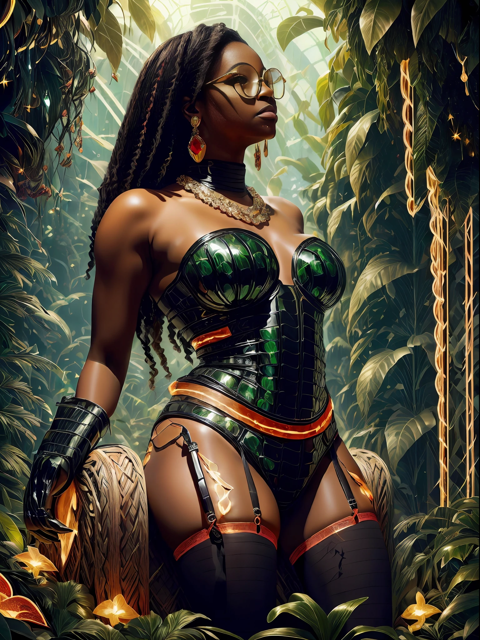 The image features high contrast utopia and depth of bioluminescent field, capturing every detail of the ((chubby ebony girl)) (sitting on a large fully-organic sofa in the middle of a greenhouse) filled with (tropical plants). (detailed face:1.25). The vibrant (flowers and colorful fruits) add to the (summer ambiance), with the dazzling sunlight creating a radiant (dazzling glow:1.8). A giant glass (snake) wrapped around the ebony woman adds an element of danger and intrigue to the scene. She wears intricate accessories such as earrings, a gold necklace, a chewer, a ring, a waist belt, a (gold chain belt), a waist chain, and a gold bangle. Her invincible smile is directed towards a nearby bush, showcasing her precise skeleton and proportions in intense detail.(((Glasses)),(dazzling sunlight: 1.3),(ebony girl reaching for her hands to the sky: 1.55), extra long curly hair, (Girl looking up: 1.55), (big:1.35), (big bust), (black and red underwear, black and red high heels, black and red garter belt, black and red stockings: 1.5)), perfect (long legs: 1.5),This is a masterpiece of high quality, with photorealistic visuals and cinematic direction. ((1girl))