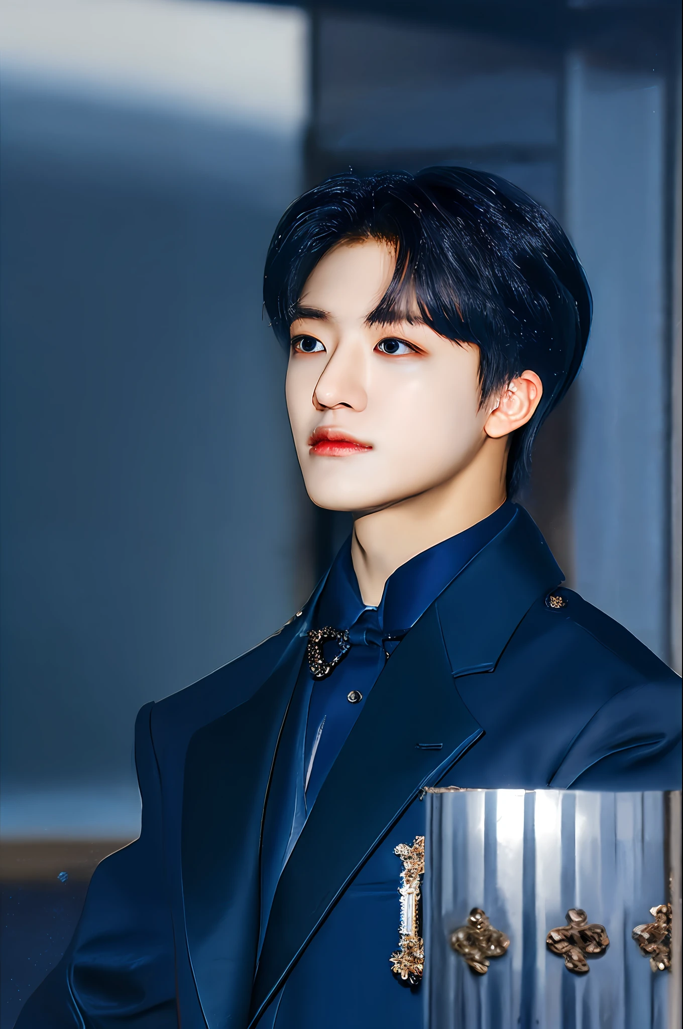 jaemin, front facing, twink, parted lips, (dark navy hair:1.2), dark navy prince regal outfit, (ultra realistic:1.2), (close up:1.2), (gothic european castle background:1.2), (intricate:1.2), (looking at viewer:1.2), male focus, 1male, solo,