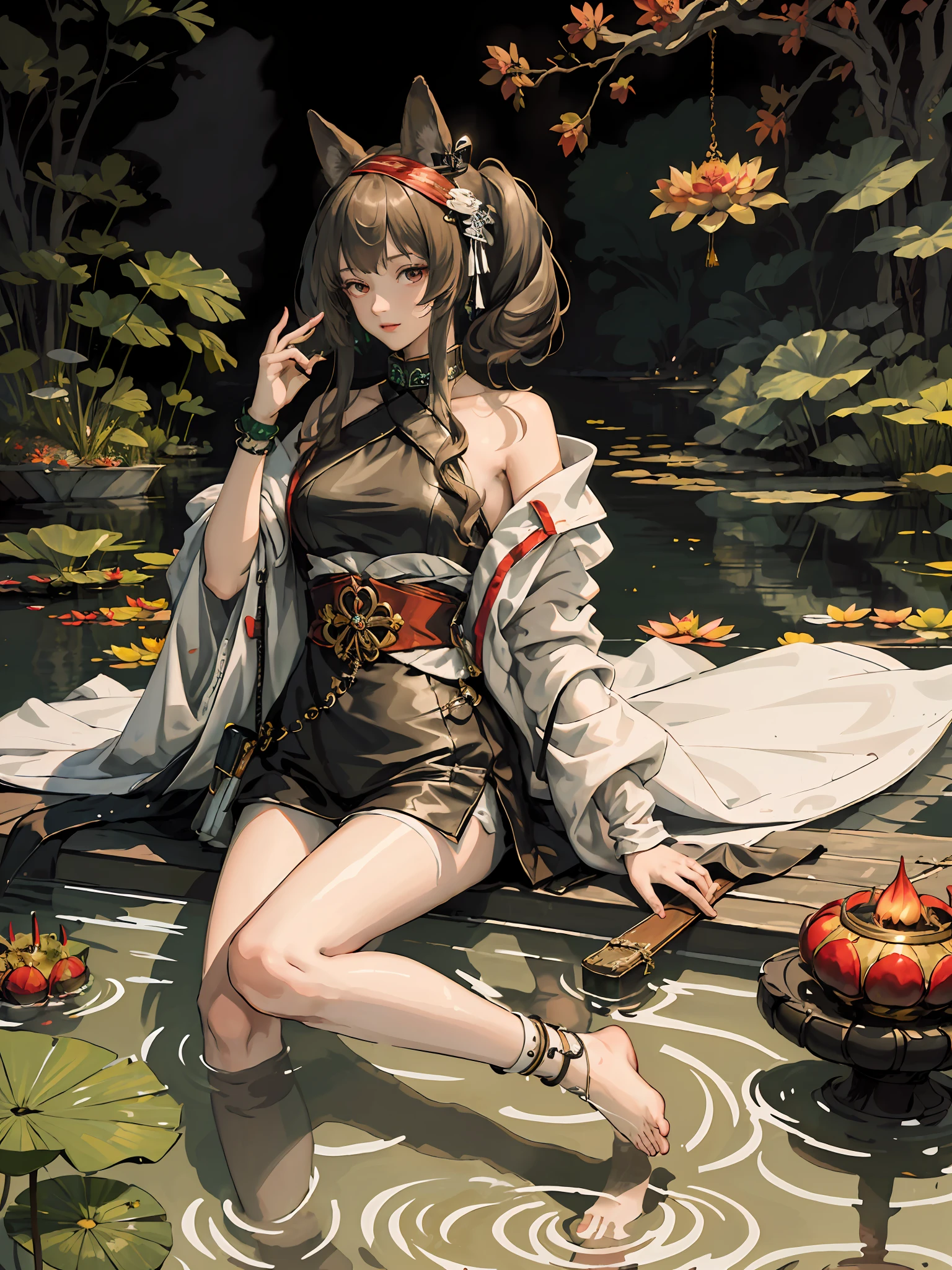 absurdres, highres, ultra detailed, (1girl:1.3), hand drawn, simple line, 16yo girl in colorful Chinese Hanfu, beautiful girl with fox ears, lying in the huge lotus leave, at the lotus pond, masterpiece, sitting in water, floating clothes, floating hair