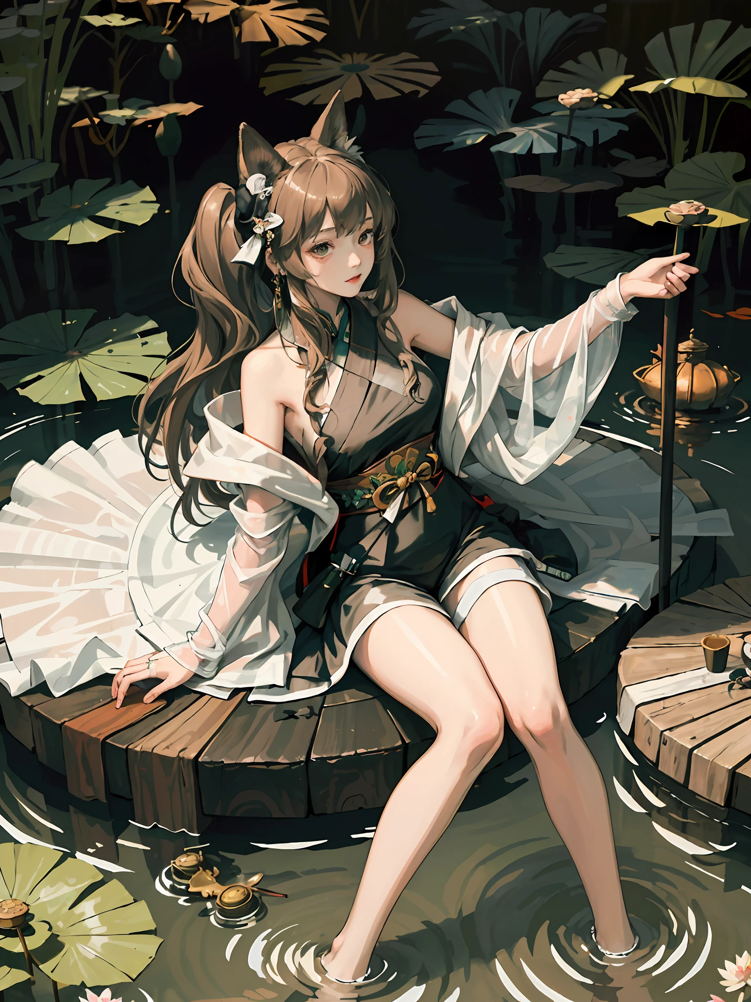 absurdres, highres, ultra detailed, (1girl:1.3), hand drawn, simple line, girl in colorful Chinese Hanfu, beautiful girl with fox ears, lying in the huge lotus leave, at the lotus pond, masterpiece, sitting in water, floating clothes, floating hair