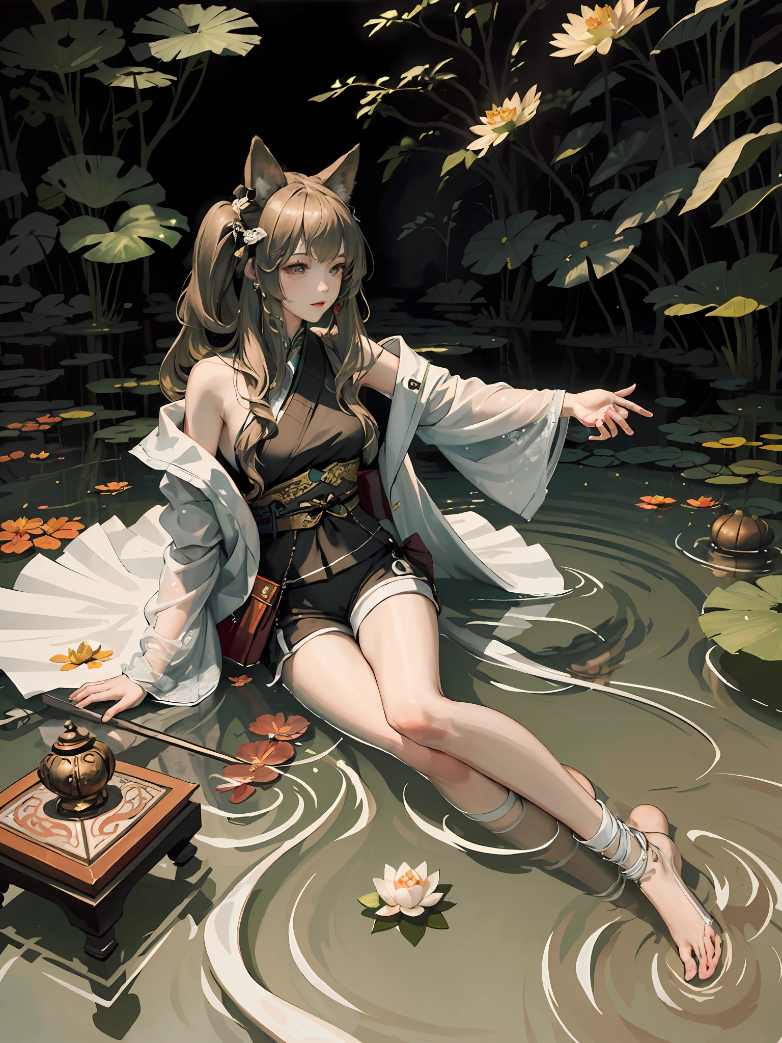 absurdres, highres, ultra detailed, (1girl:1.3), hand drawn, simple line, 16yo girl in colorful Chinese Hanfu, beautiful girl with fox ears, lying in the huge lotus leave, at the lotus pond, masterpiece, sitting in water, floating clothes, floating hair