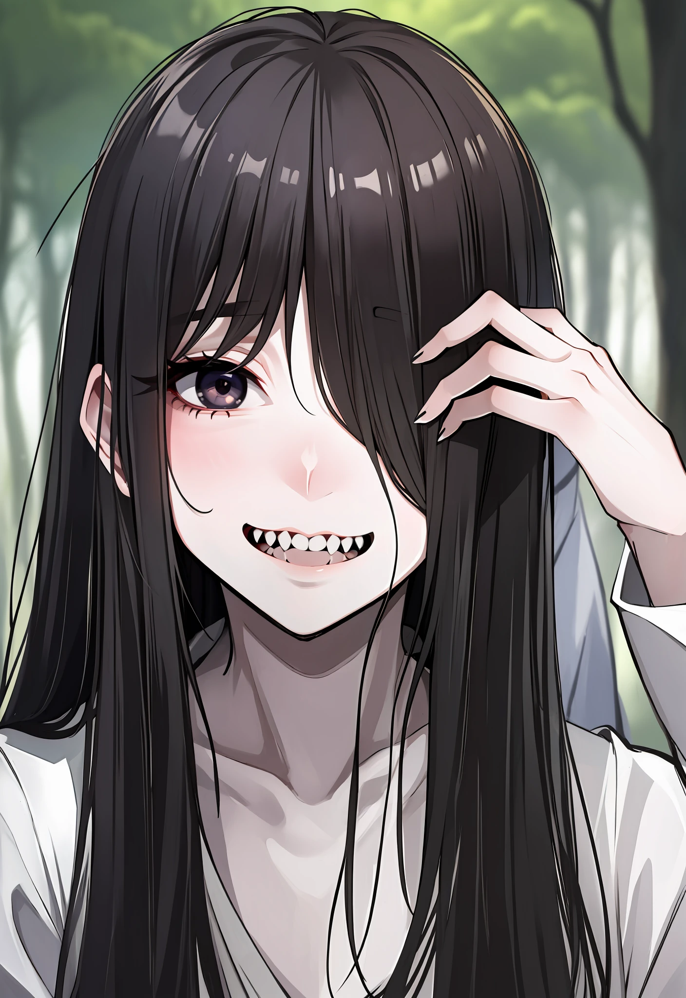 ((masterpiece)), (best quality), (absurdists), black hair, yamamura_sadako, white dress, (gray skin), hair over eyes, eyes covered, looking at the viewer in the dark forest with an elegant smile sharp sexual teeth