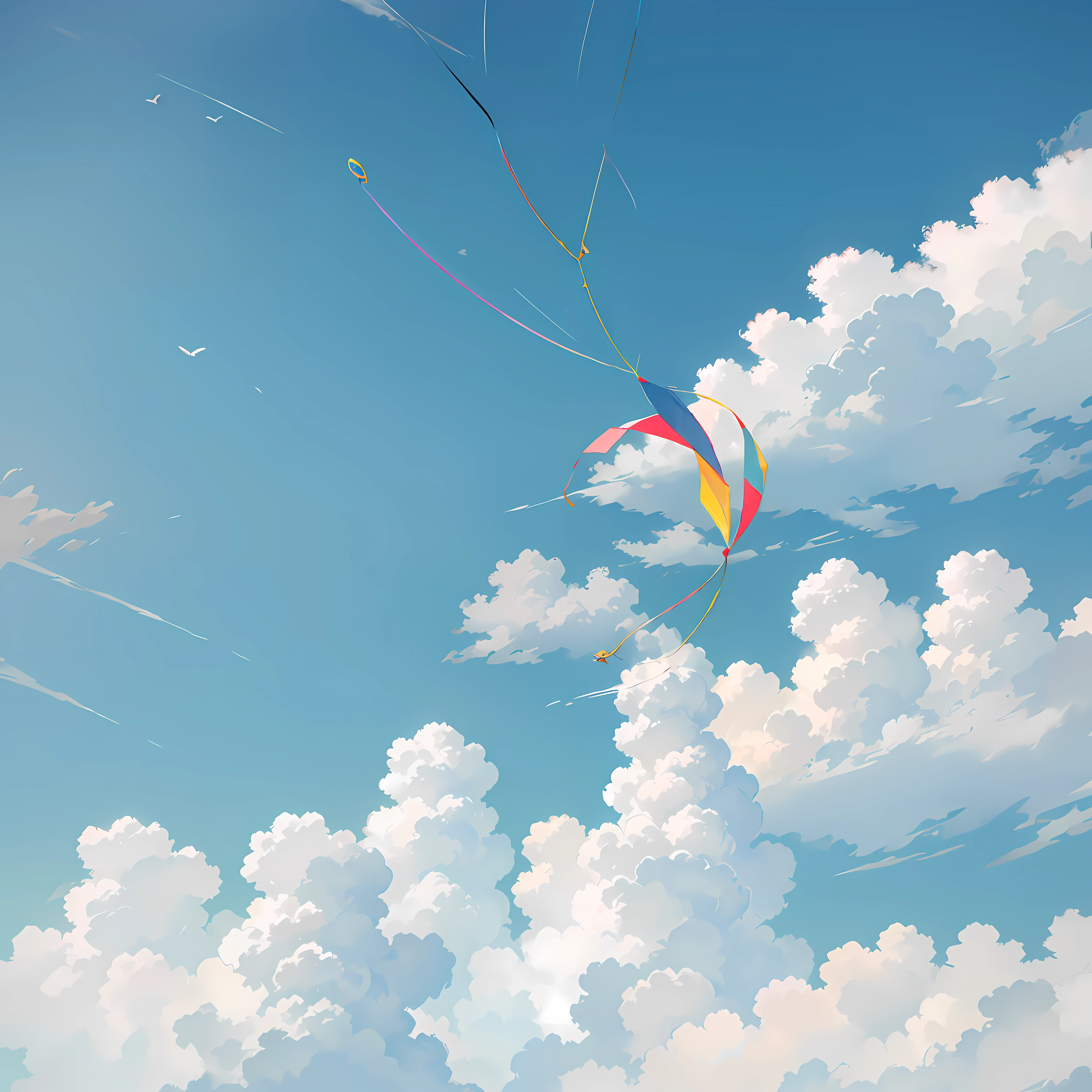 there are many kites flying in the sky with clouds, by Kentaro Miura, flying in sky, anime sky, flying in the sky, anime clouds, in style of makoto shinkai, a beautiful artwork illustration, anime beautiful peace scene, kites, style of makoto shinkai, by Kamisaka Sekka, colorful anime movie background, anime background