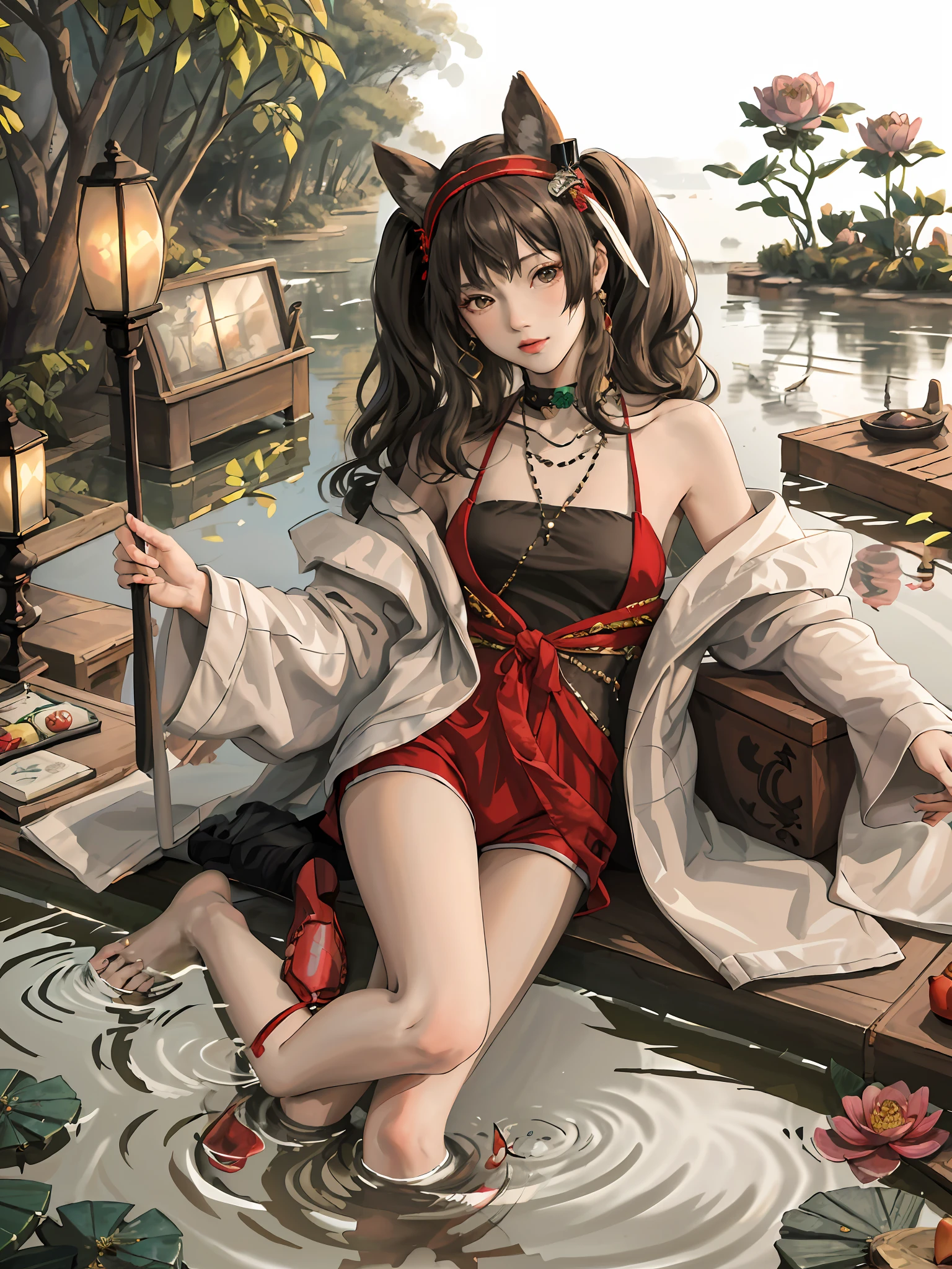 absurdres, highres, ultra detailed, (1girl:1.3), hand drawn, simple line, **** girl in colorful Chinese Hanfu, sexy girl with fox ears, at the lotus pond, masterpiece, sitting in water, floating clothes, floating hair