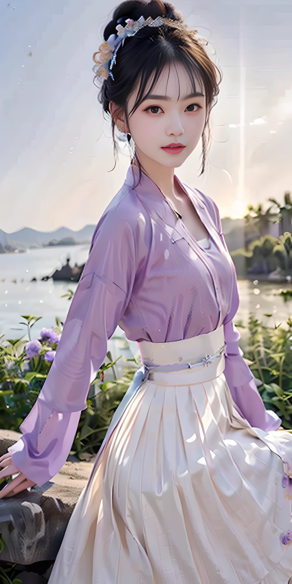 masterpiece, black_hair, 1 girl, looking at the audience, long_hair, nail_polish, solo, ancient art, Chinese,(8k, best quality, masterpiece:1.2), (realistic, realistic:1.2), (background sky: 1.2), (face close-up: 1.7), looking at the audience, hanfu, 1girl, (purple flower pine ink: 1.1), face close-up, detailed face, hanfu, song, long shan, pleated skirt，cinematic lighting, motion blur, ray tracing, god rays, bloom, drop shadow, close-up, lens flare, UHD, masterpiece, ccurate, anatomically correct, textured skin, super detail, high details, high quality, award winning, best quality, highres, 16k, HD, face close-up, close-up, close-up, accurate, correct hand, (anatomically correct: 1.5),
