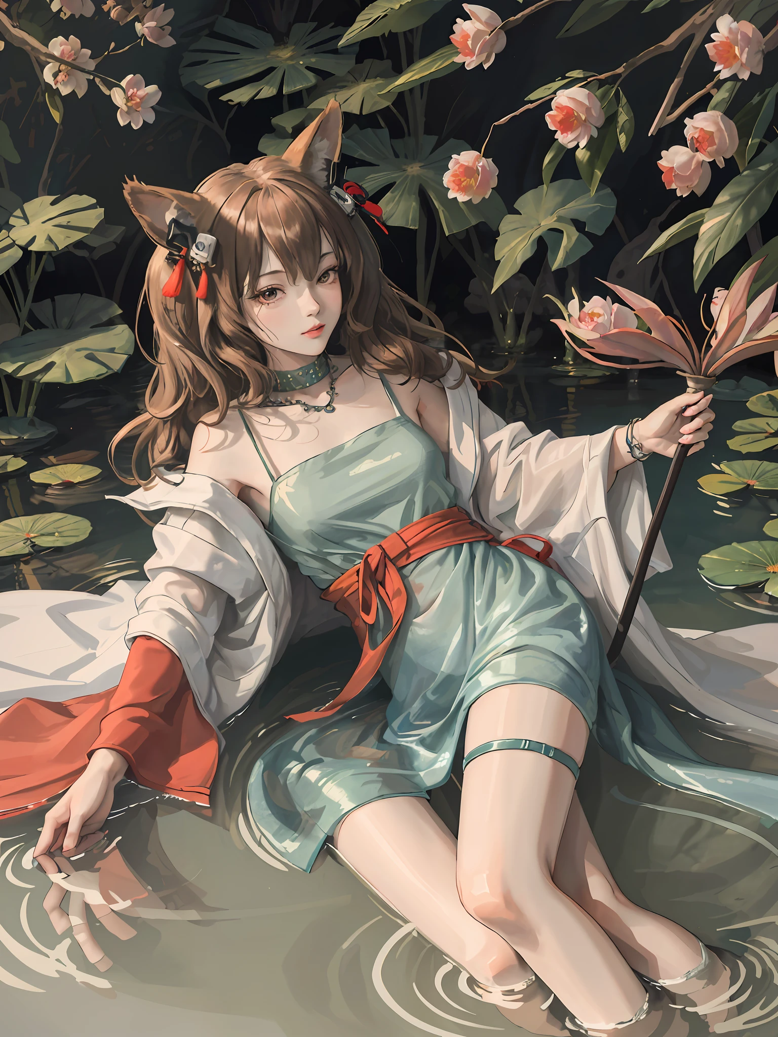 absurdres, highres, ultra detailed, (1girl:1.3), hand drawn, simple line, 16yo girl in colorful Chinese Hanfu, sexy girl with fox ears, at the lotus pond, masterpiece, sitting in water, floating clothes, floating hair