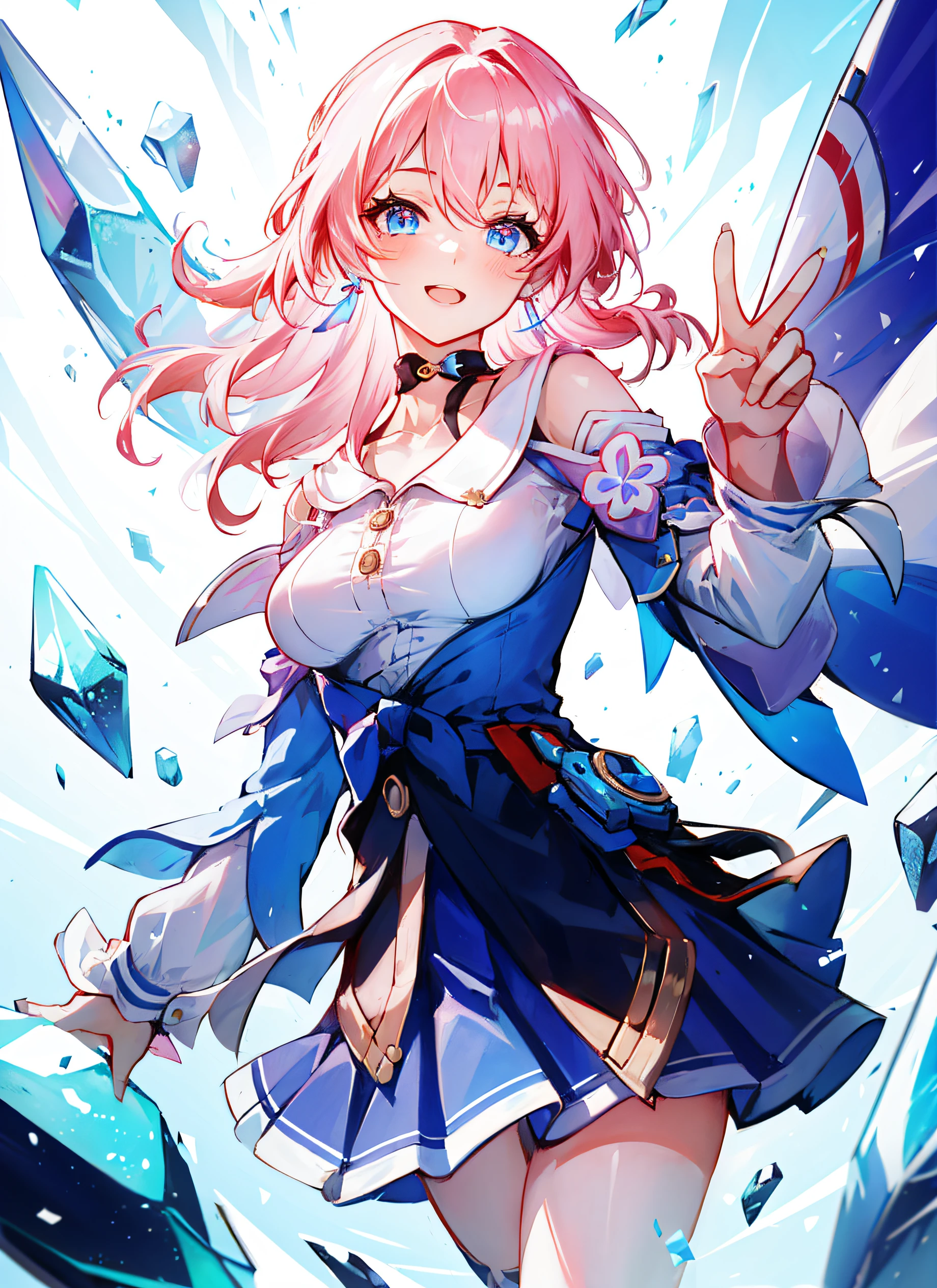 march 7th \(honkai: star rail\), 1girl, blue eyes, blue skirt, breasts, detached sleeves, earrings, ice, jewelry, long sleeves, medium breasts, medium hair, pink hair, shirt, skirt, solo, star \(symbol\), star earrings, white shirt