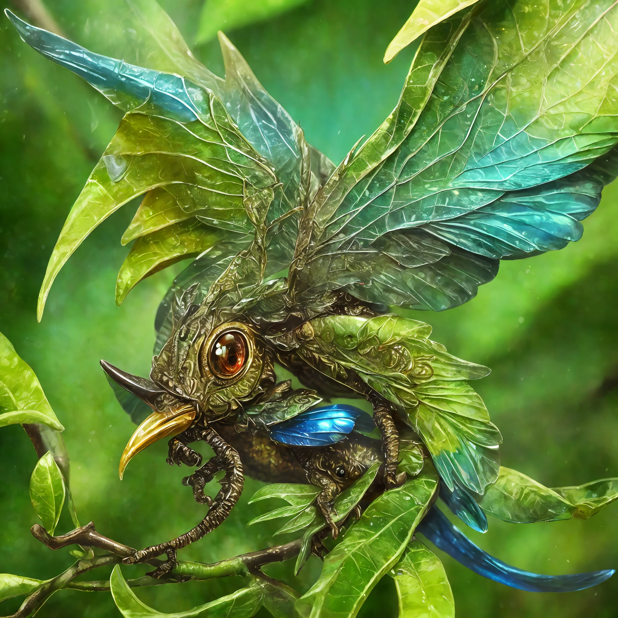 Leathery slippery creature with four wings. Wings transparent, large eyes, long narrow muzzle, with a long thin tongue. Slim, green-blue, (he sits on a branch in the jungle and watches from hiding),hiding in the leaves in a lush forest,(highly detailed:1.2),(best quality:1.2),8k,sharp focus,(subsurface scattering:1.1),(award-winning macro photography:1.1)
(cute:1.2),Leathery slippery creature with four wings.
(very detailed clothes:1.2), (highly detailed background:1.3), chibi, (hyperrealistic:1.2), cinematic lighting, highly detailed,smooth, sharp focus,[(emb-rrf2:1.0):.15]