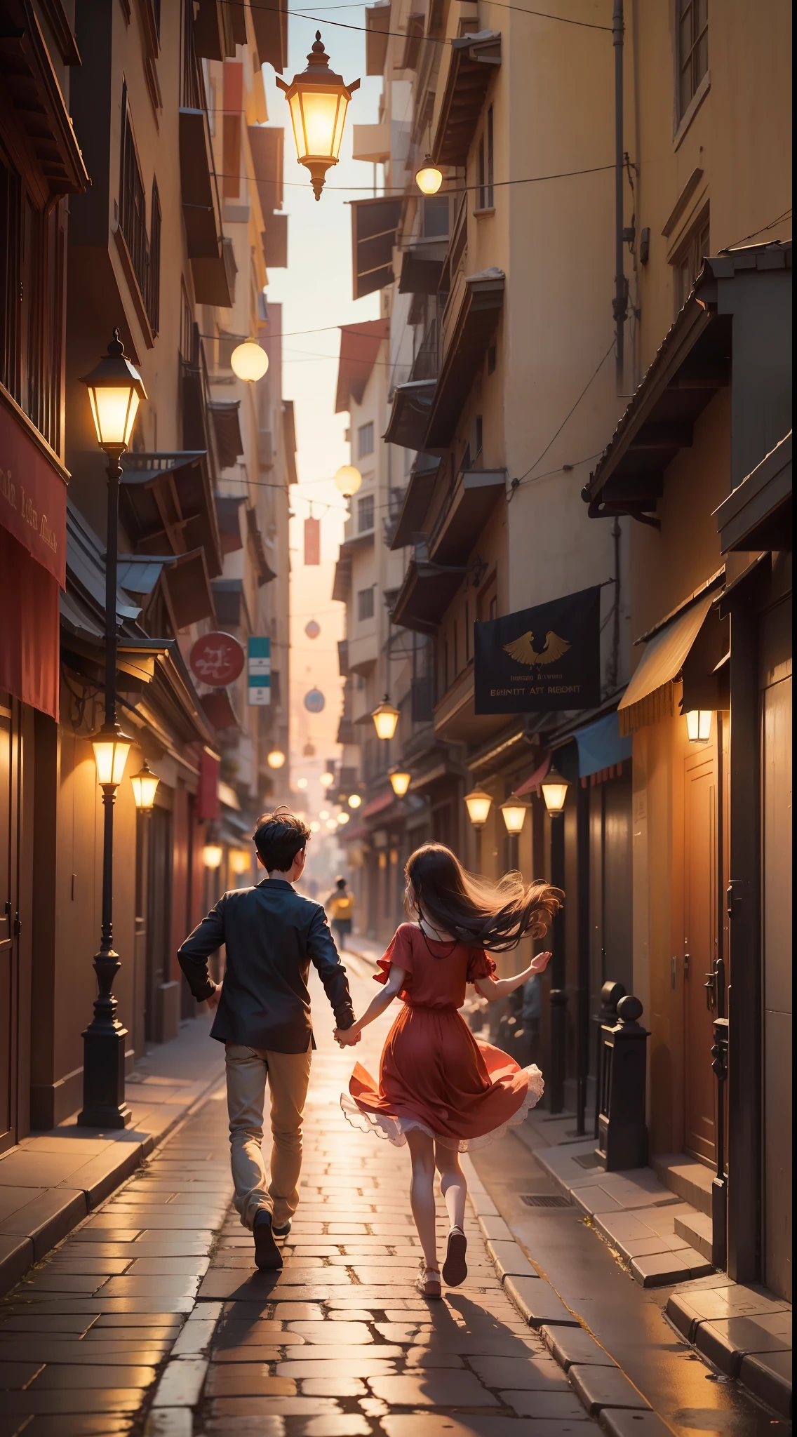 On the street side of the dim yellow street lamp, the girl in the red long dress holds the hand of a boy, running in the sunset, and the young and beautiful figures of the two are reflected under the street lamp, leaving a slowly fading afterglow, full of light, and the gentle breeze gently brushes the long hair of the two, filled with a romantic and warm atmosphere.