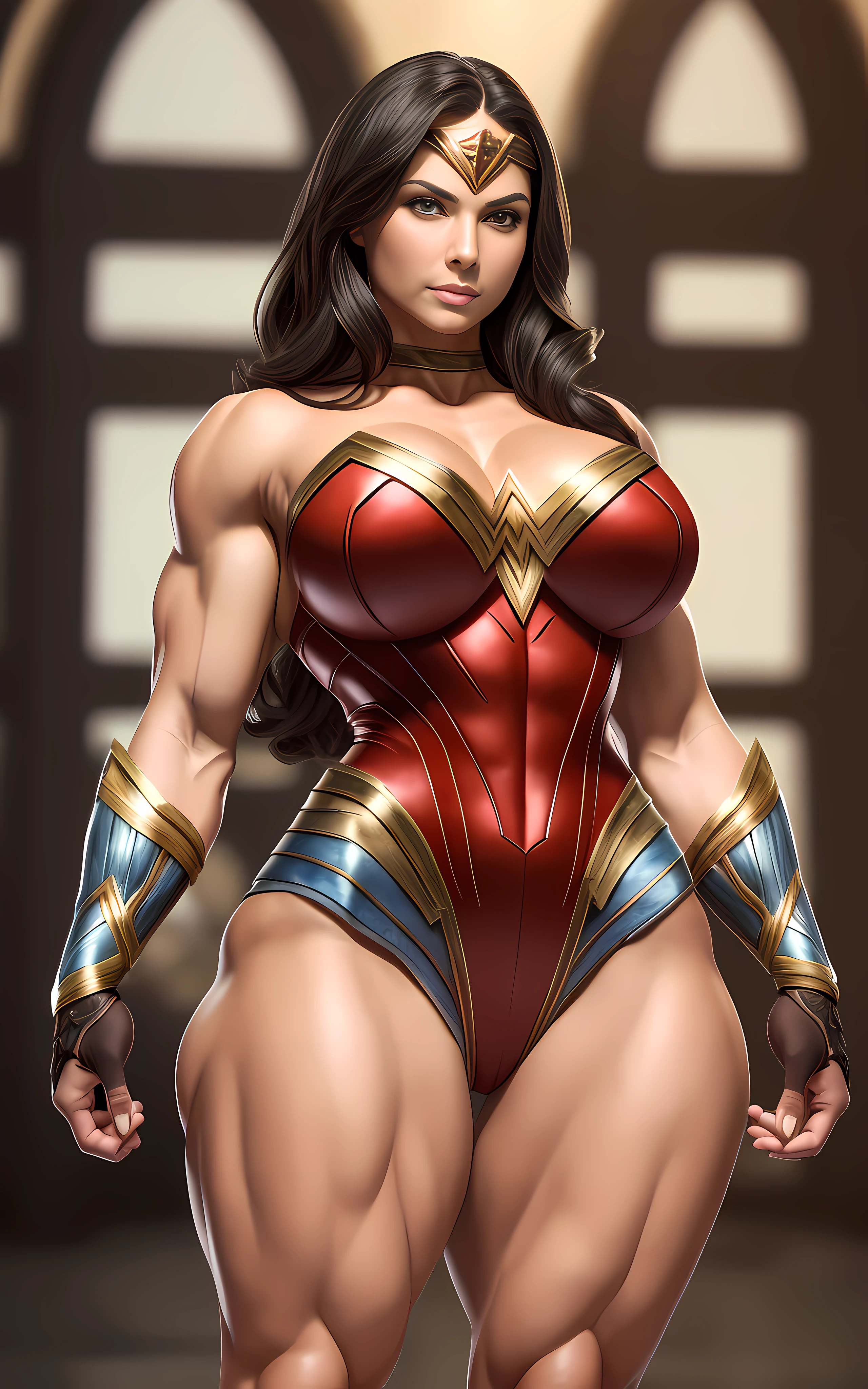 (Sexy Wonder Woman outfit: 1.6), (Black suit: 1.1), ((highest quality)), ((Masterpiece)), (detail), training room background with ultra muscular warriors in the background, (high resolution: 1.3) 1girl's photo, (Black outfit: 1.1), bodybuilder dressed as Wonder Woman, ((intricate details, makeup), (beautiful face, perfectly proportioned face), high detail skin, thick skin, better proportions four fingers and one thumb,  strong and realistic light violet eyes, realistic black hair, lips, makeup, natural skin texture, tiara, bullet-resistant cuffs, slightly sunburned skin tone, massive, sexy, elastic muscles (muscles: 2.5), ((strong and healthy body)), ((more) muscles))), long legs, curves, thick and very muscular thighs, wide buttocks, thick legs, (large breasts:  1.99), slim waist, soft waist, (detailed skin), (shiny skin), (beautiful and sexy woman), (swollen lips: 0.9), (eyelashes: 1.2), scary muscle size with big veins), excited, very detailed, full head, full body, whole legs, full arm (highly detailed CG integration, 8k wallpaper), high detail, realistic, sharp focus, cinematic, in a Viking training center, at night lit with torches, --auto --s2