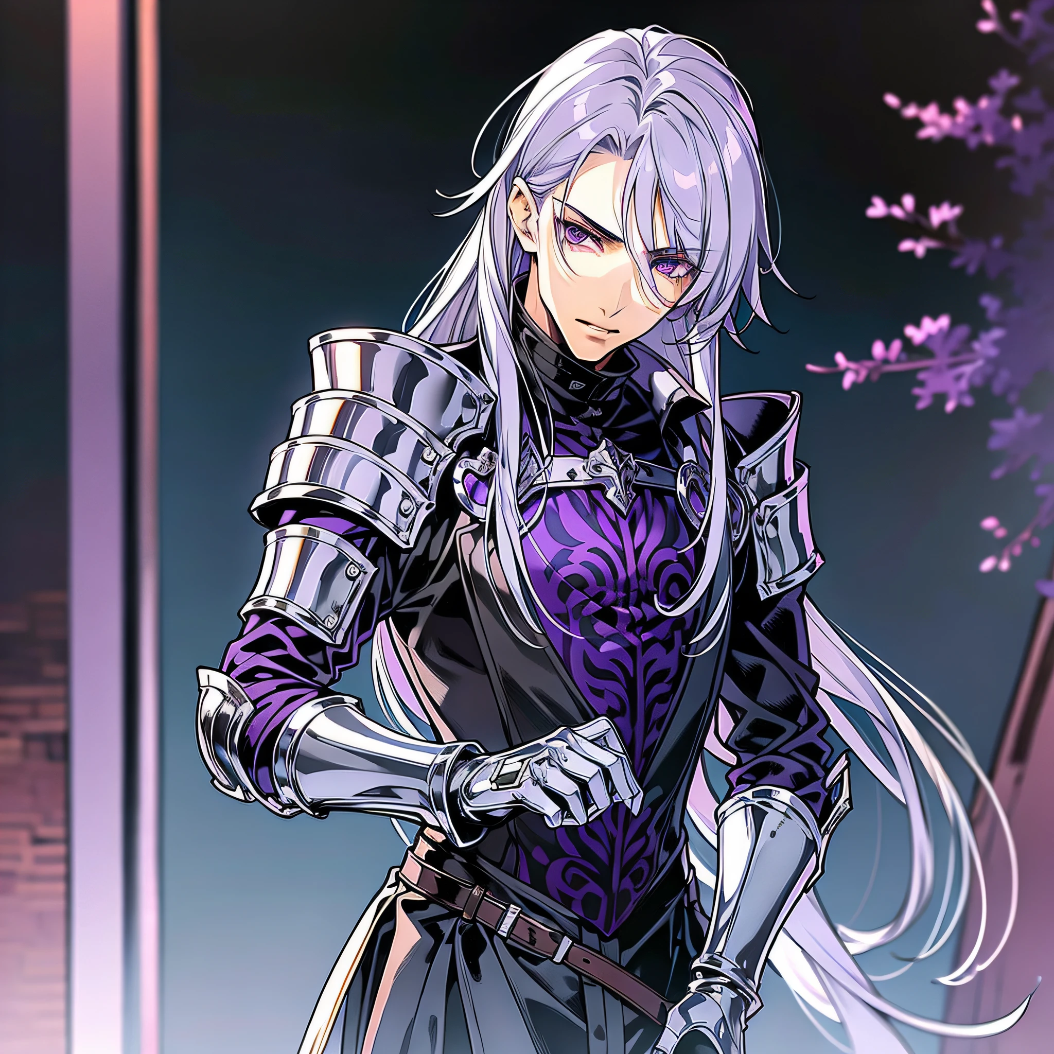 Young guy with long gray hair, purple eyes, wearing leather armor