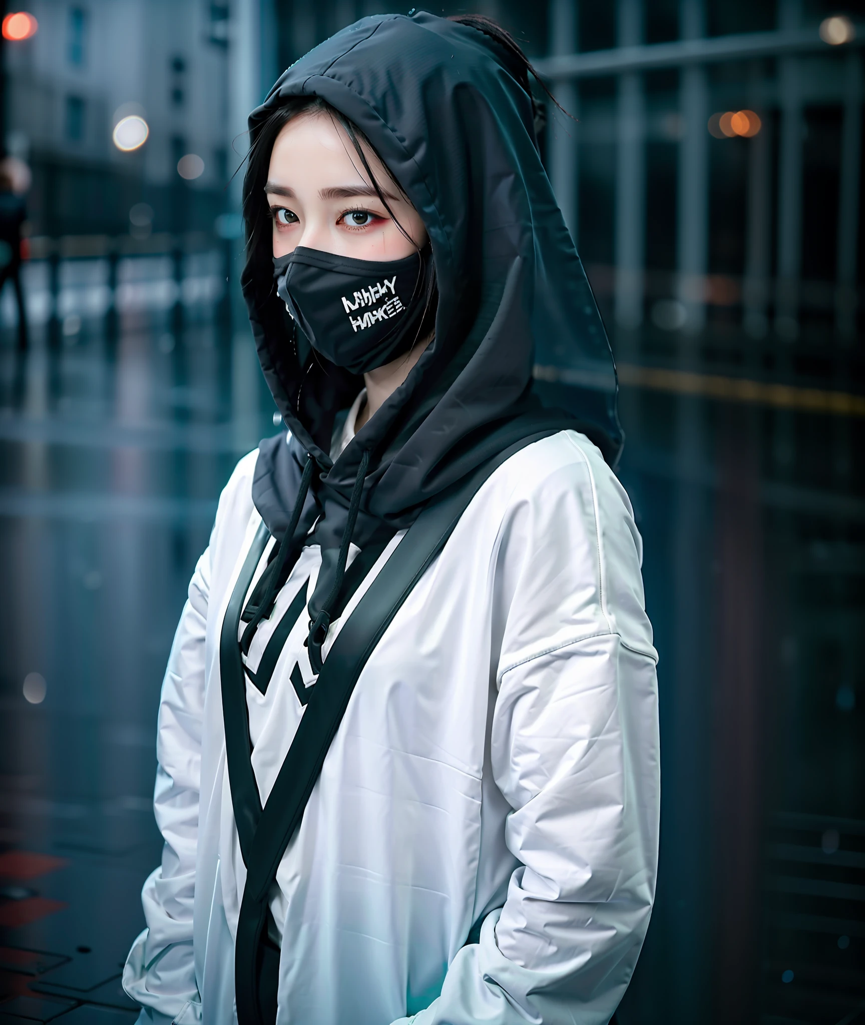 1 european young woman, techwearl, a woman walk in lonely city rain and smoke around, wet body, (cyberpunk:0.8), (low light:0.8), white hair, sci-fi, black hoodie, black fabric mask, grays long hair, hair to front, (wet cloth:0.5), (night:1.5), dark light, smog japan street, rain, hyper realistic, (hdr:1.2), (artstation:0.5), cinematic, soft colour, mist, raindrops, (natural skin texture, hyperrealism, soft light, sharp:1.2)