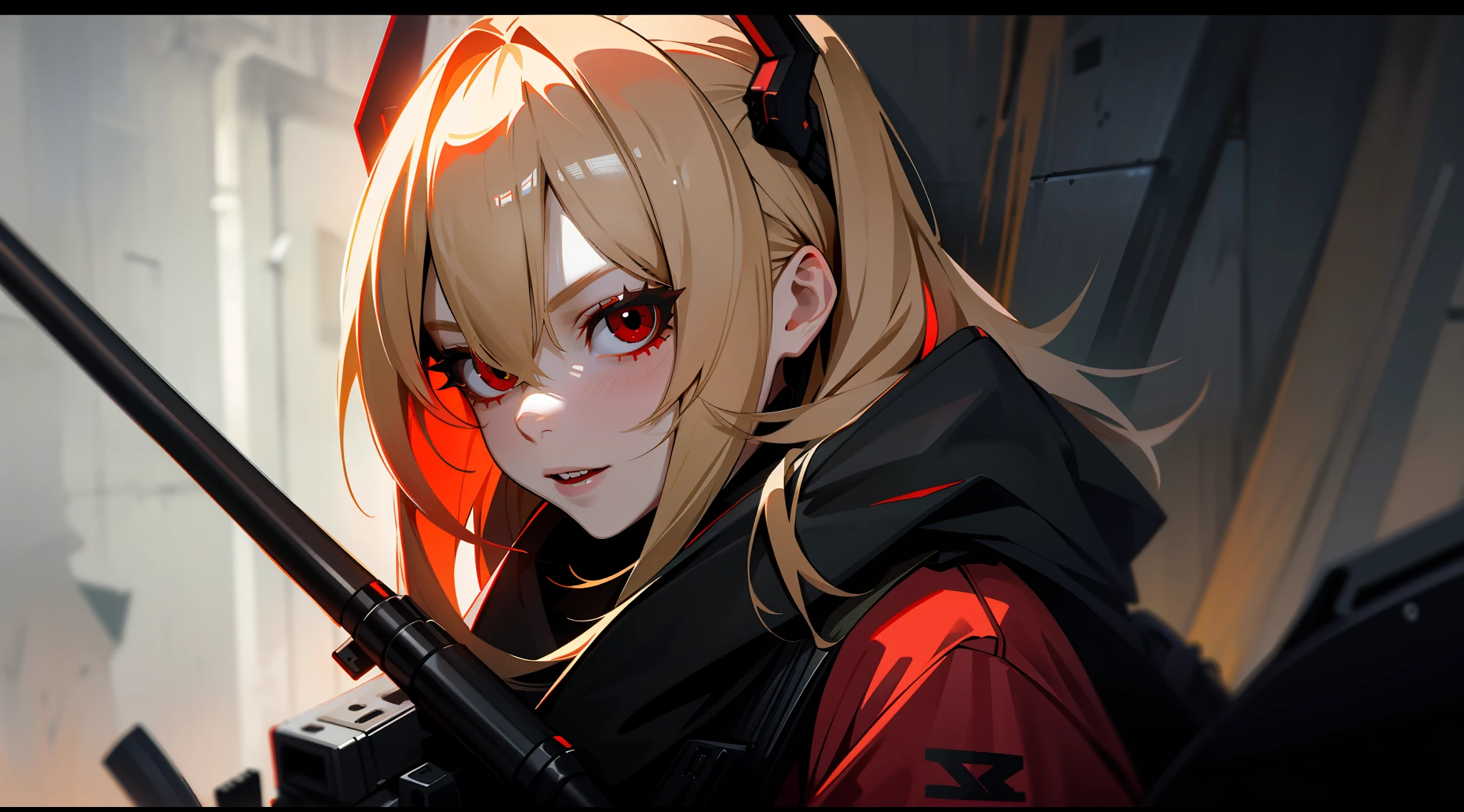 Blonde hair red eyes teacher succubus, girls style front line, M4 Sopmod ii, extremely detailed background with various elements (photorealistic)