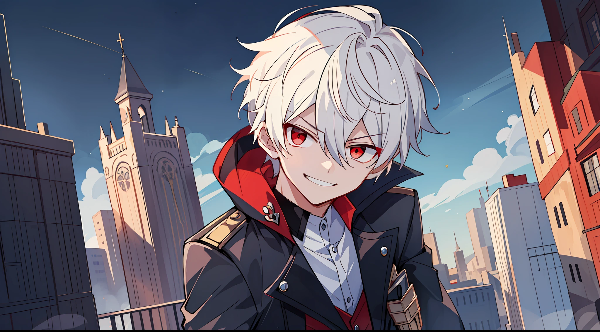 ((masterpiece)),(((best quality))), (high-quality, breathtaking), (expressive eyes, perfect face), 1boy, solo, male, short, young, boy, short white hair, red eyes, on top of building, night, buildings, phantom thief, wear short shorts, smirk