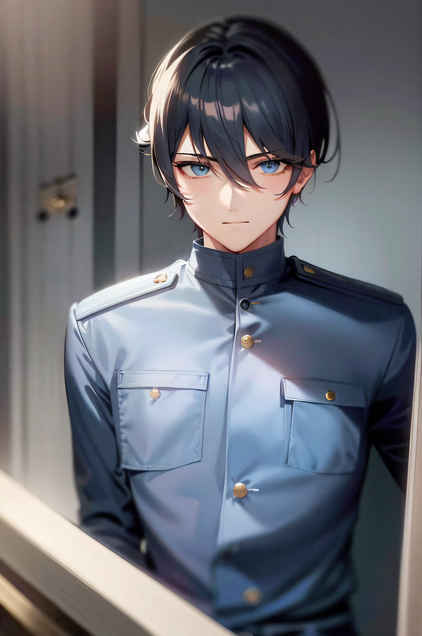 Light blue uniform, ((A male:1.2)), ((boy:1.2)),