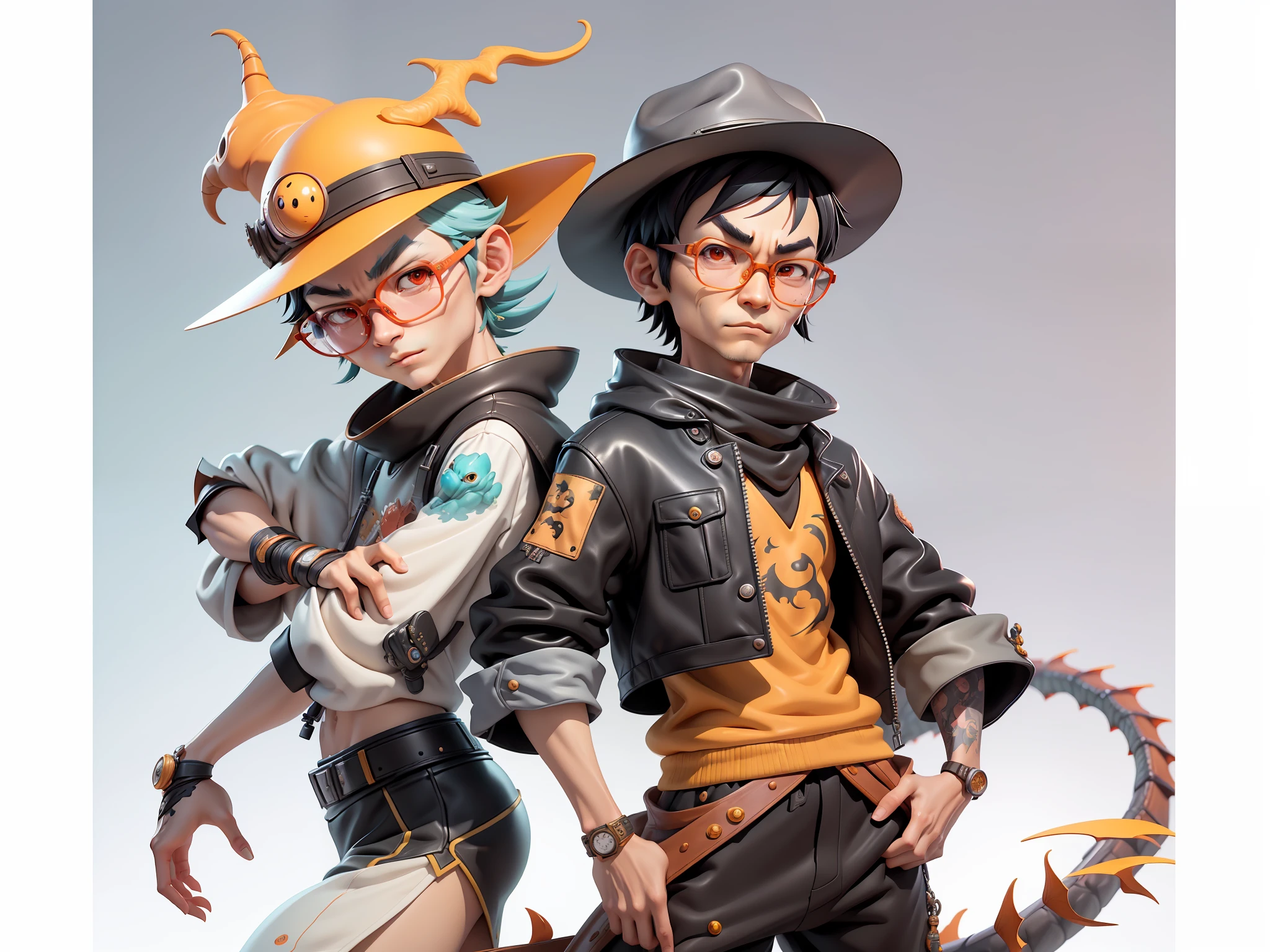 Young man with oriental face wearing leather hat wearing dragon shirt Tang costume, short black hair, silver glasses, digital painting, 3D character design by Mark Clairedon and Pixar and Hayao Miyazaki and Akira Toriyama, the illustration is a high-definition illustration in 4K resolution with very detailed facial features and cartoon-style visuals.