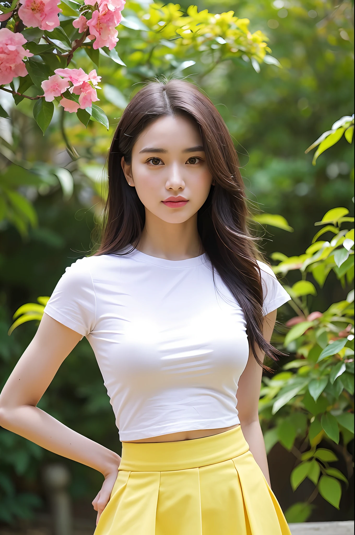 (Highly detailed body, highly detailed face, best quality: 1.2), a female college student, looking at the audience, (white shirt, yellow skirt), (pink bougainvillea chaos in the background: 1.4)