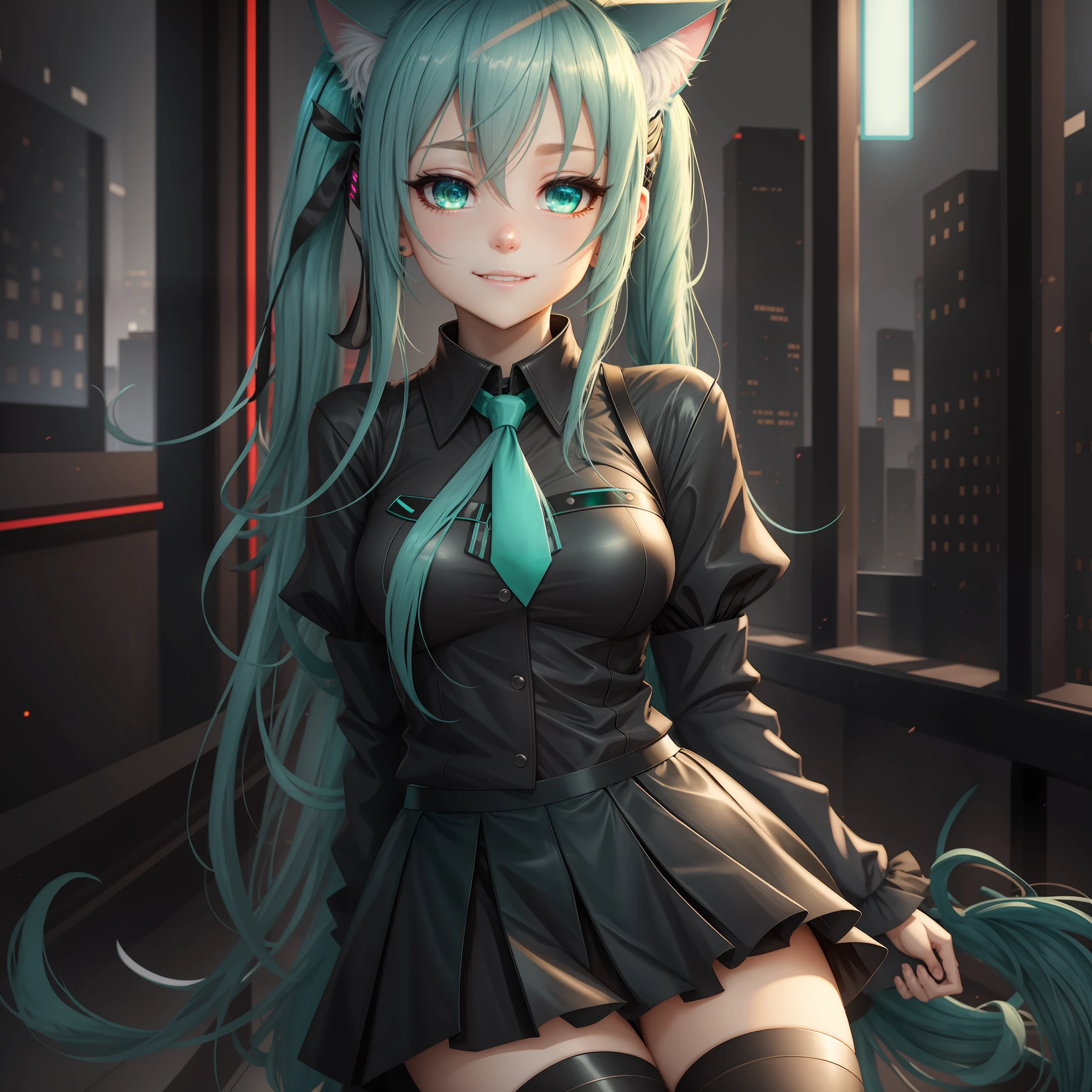 female hands, hidden ears, young girl, cat ears, cat tail, furry, [[[[[closeup]]]], [[[[chest]]], [[[[neck]]]], [[[shoulders]]], [[[full head ]]], perfect eyes, perfect iris, perfect lips, perfect teeth, perfect skin, soft front light, brightness, HDR (soft colors: 1.2), short skirt, light blue hair, bangs, twintails, long hair, green eyes, surprise, black skirt, dark gray blouse, green tie, hatsune miku,  dilated pupils, latex boots, cinematic lighting, smile, closed mouth, green details on clothing, artwork, best quality, numerical tattoo on arm in red color --auto --s2