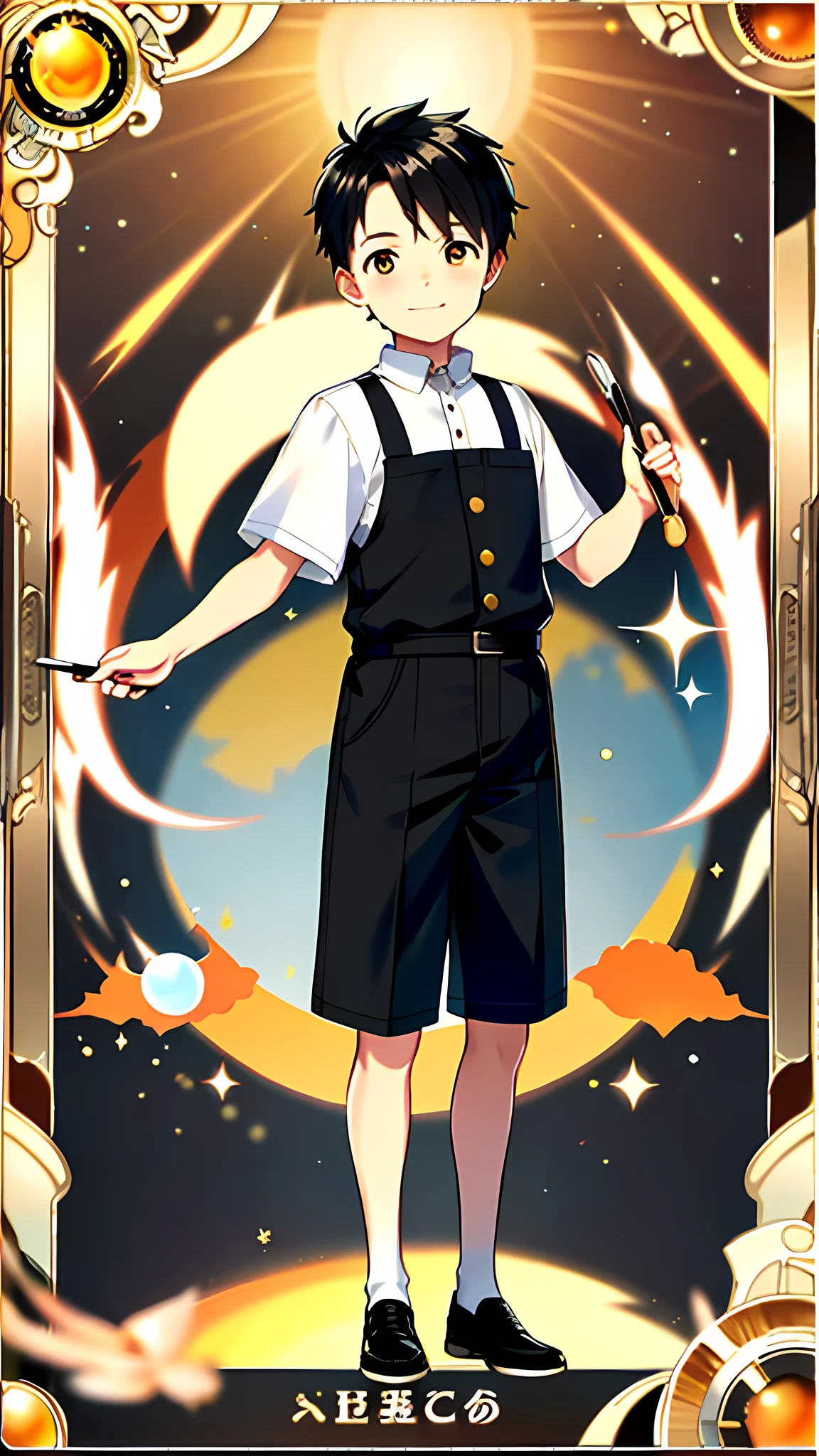 masterpiece, best quality, full body, card, 1 boy, the sun, happy, kind, freedom, short hair, black hair, brush cut, undercut, white shirt, standing, white, orange, magic, yellow, boy, child