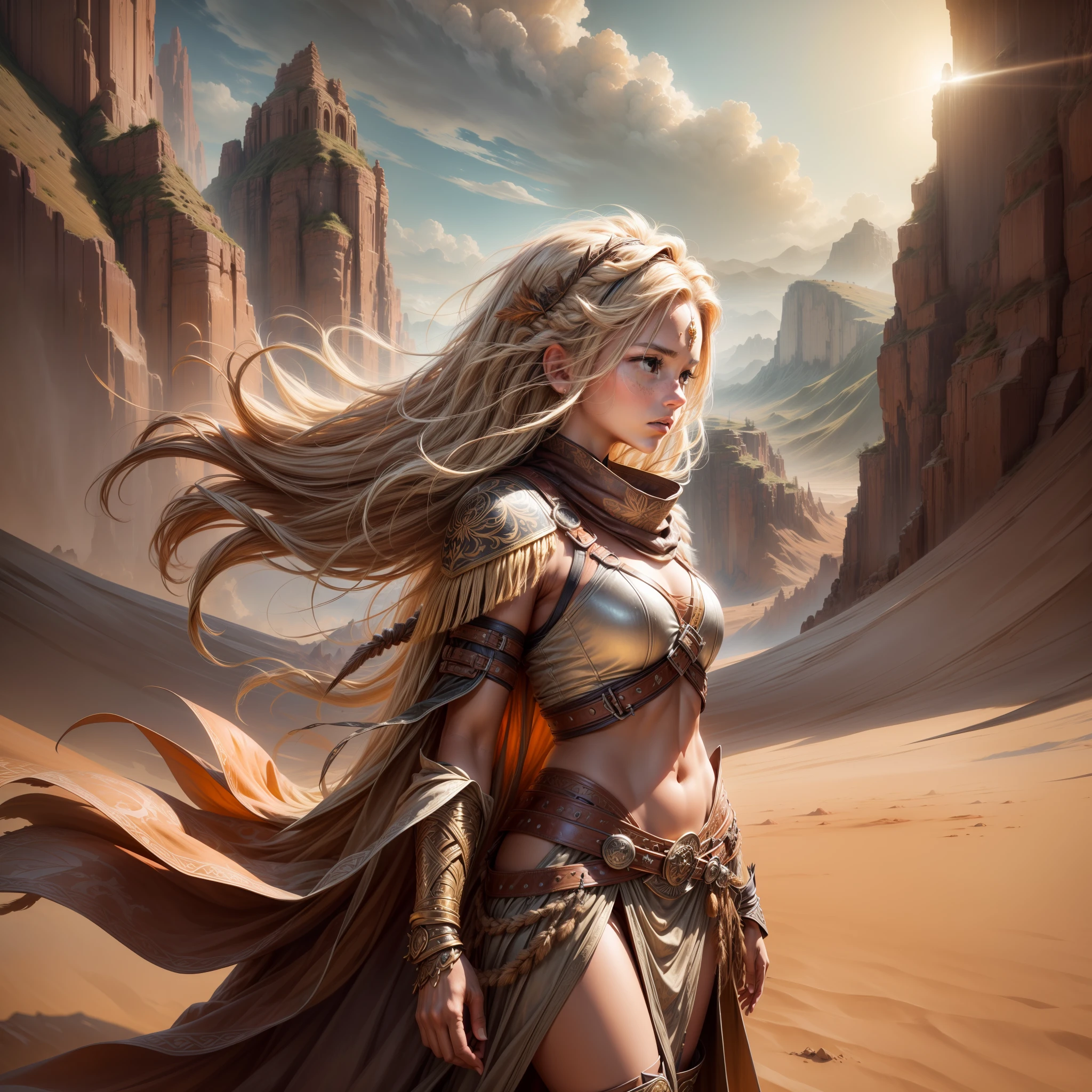 A courageous warrior girl with flowing golden locks, dressed in weathered leather armor adorned with feathers and tribal symbols. She stands on the edge of a cliff overlooking a vast desert landscape, with swirling sand dunes stretching as far as the eye can see. The sun hangs low in the sky, casting a warm orange glow over the scene. The wind whips through the warrior girl's hair, carrying with it the whispers of distant adventures. In the distance, a magnificent sandstorm looms, adding an element of danger and excitement to the atmosphere. The image is a painting executed with rich earthy tones and textured brushstrokes,