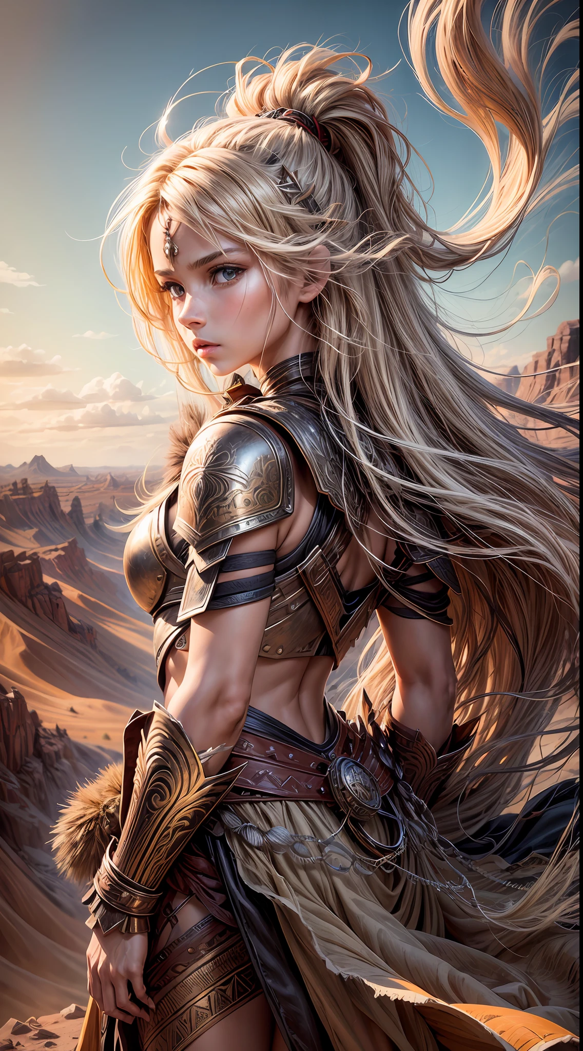 A courageous warrior girl with flowing golden locks, dressed in weathered leather armor adorned with feathers and tribal symbols. She stands on the edge of a cliff overlooking a vast desert landscape, with swirling sand dunes stretching as far as the eye can see. The sun hangs low in the sky, casting a warm orange glow over the scene. The wind whips through the warrior girl's hair, carrying with it the whispers of distant adventures. In the distance, a magnificent sandstorm looms, adding an element of danger and excitement to the atmosphere. The image is a painting executed with rich earthy tones and textured brushstrokes,