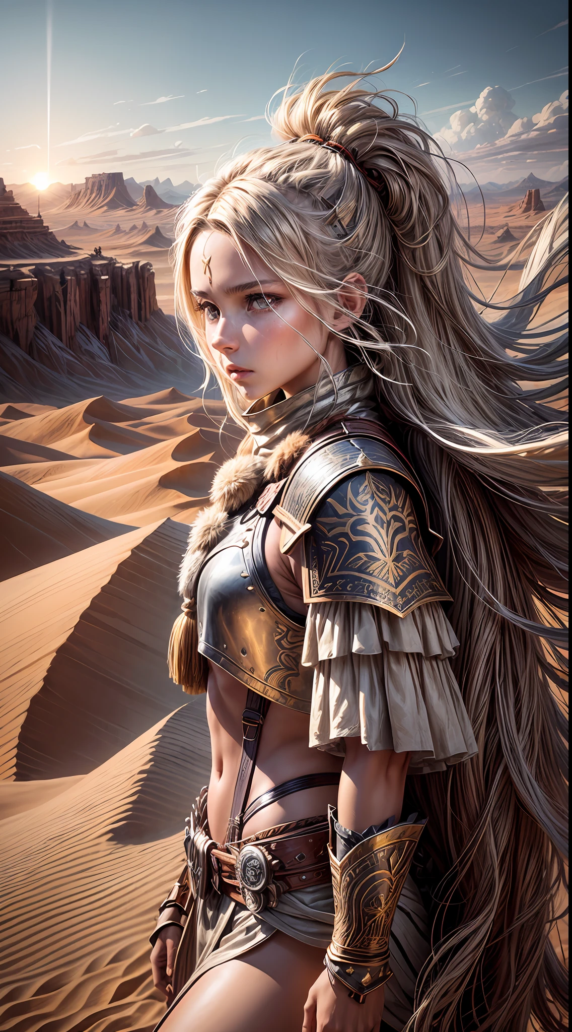 A courageous warrior girl with flowing golden locks, dressed in weathered leather armor adorned with feathers and tribal symbols. She stands on the edge of a cliff overlooking a vast desert landscape, with swirling sand dunes stretching as far as the eye can see. The sun hangs low in the sky, casting a warm orange glow over the scene. The wind whips through the warrior girl's hair, carrying with it the whispers of distant adventures. In the distance, a magnificent sandstorm looms, adding an element of danger and excitement to the atmosphere. The image is a painting executed with rich earthy tones and textured brushstrokes,