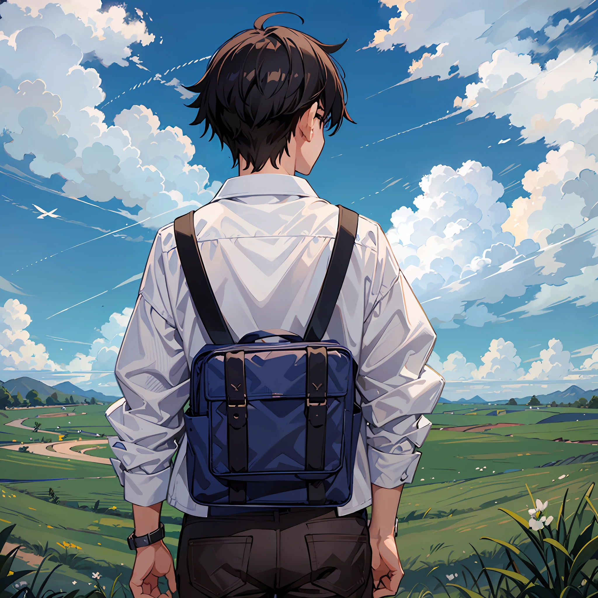 Highest quality, masterpiece, blue sky and white clouds and grass, wide perspective, a teenager standing on the grass, his back facing the screen, a lot of details --auto --s2