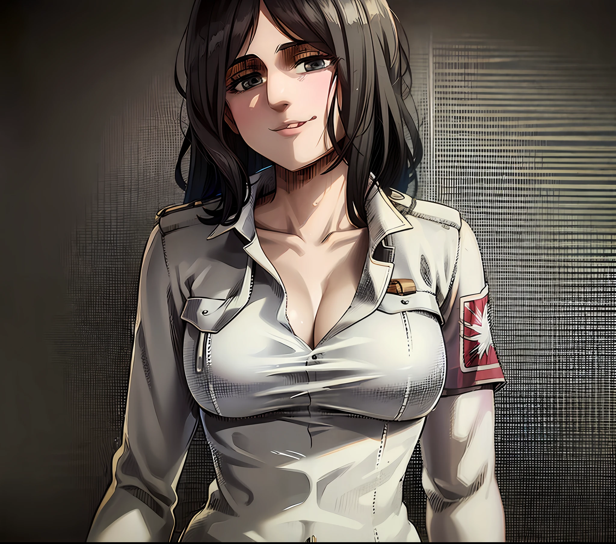 looking_at_viewer, no big breasts, fullness, perfect body, shirt, jacket, white_shirt, paradis_military_uniform, smile, tongue sticking out, upper_body, black_background,