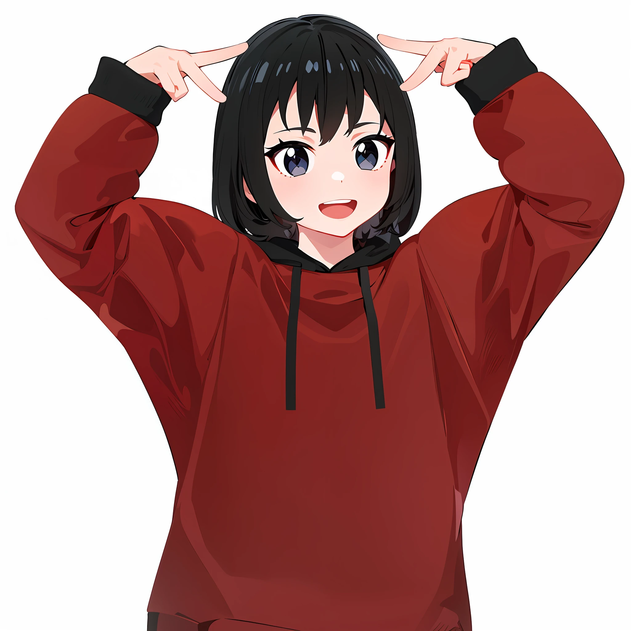 ((masterpiece, best quality)), ((ultra quality)), 1girl, solo, black hair, medium hair, grey eyes, very detailed, simple eyes, anime style, looking_at_viewer, anime girl with black hair, live2d virtual youtuber model, medium hair haired woman, black colored hair, 2d anime style, stylized anime, short hair, anime style, 8k, anime stylized, bangs, anime in scenery, white mode background, dark black colored iris eyes, black with red hoodie jacket, smile