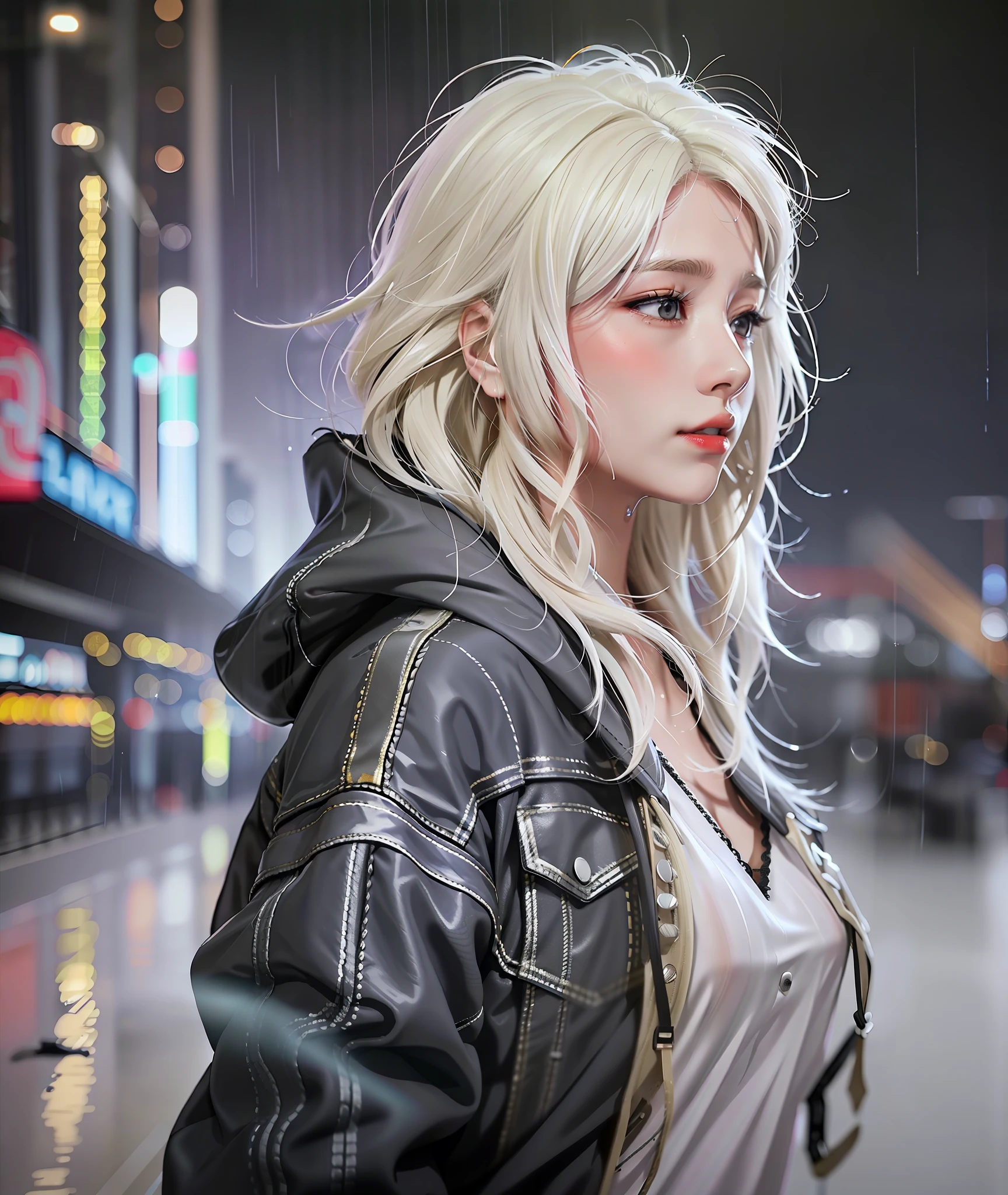 1 european young woman, techwearl, a woman walk in lonely city rain and smoke around, wet body, (cyberpunk:0.8), (low light:0.8), white hair, sci-fi, black hoodie, black fabric mask, grays long hair, hair to front, (wet cloth:0.5), (night:1.5), dark light, smog japan street, rain, hyper realistic, (hdr:1.2), (artstation:0.5), cinematic, soft colour, mist, raindrops, (natural skin texture, hyperrealism, soft light, sharp:1.2)