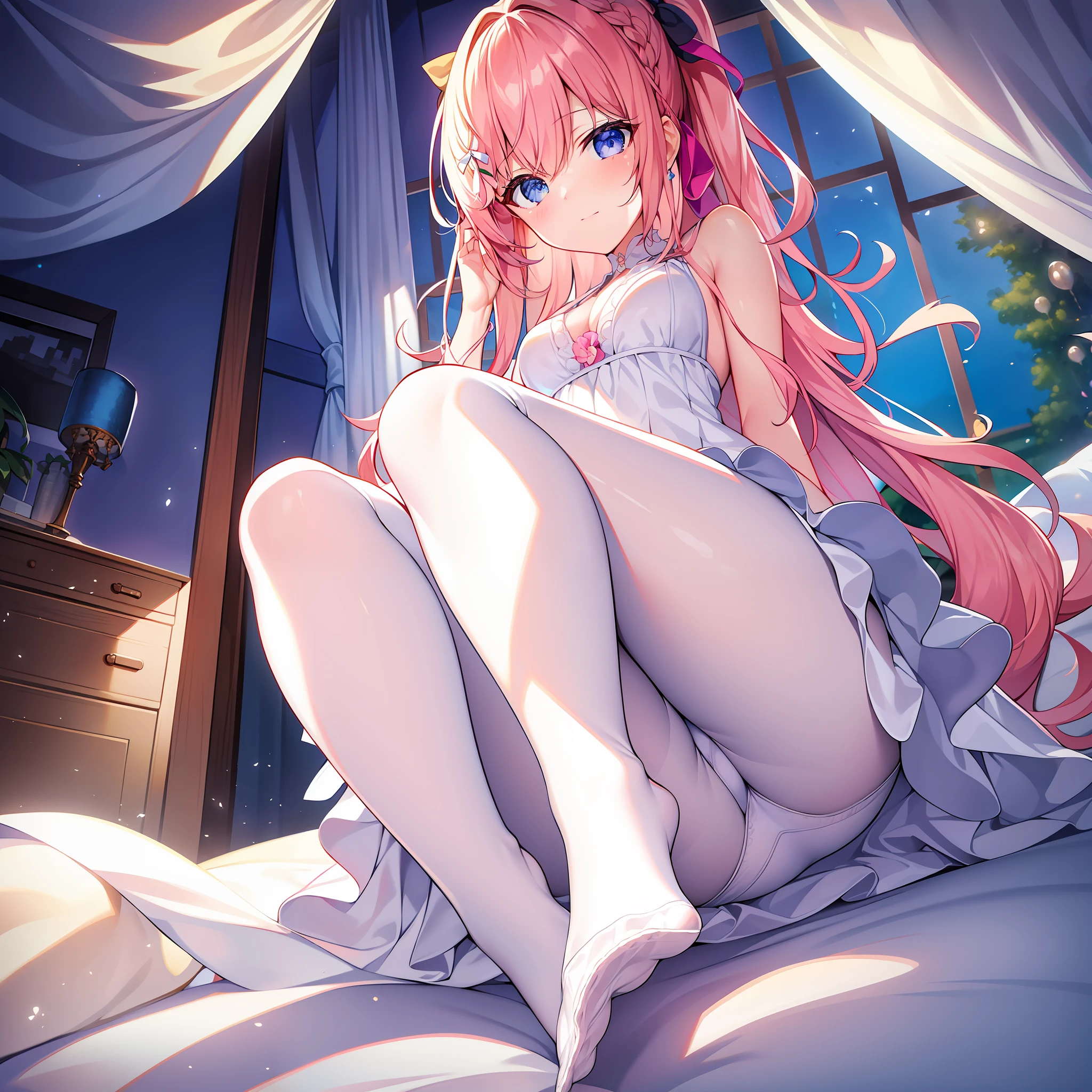 {{masterpiece}},illustration,best quality,extremely detailed CG unity 8k wallpaper,1girl_solo, full_body, from_below, looking_at_viewer, looking_down,(white pantyhose: 1.5), (no shoes:1.3),bed,wavy hair,disheveled hair,braided bangs,Sexy and charming panties,revealing dress,window,Close-up of the foot,hair_ribbon,strong rim light,pink,花,