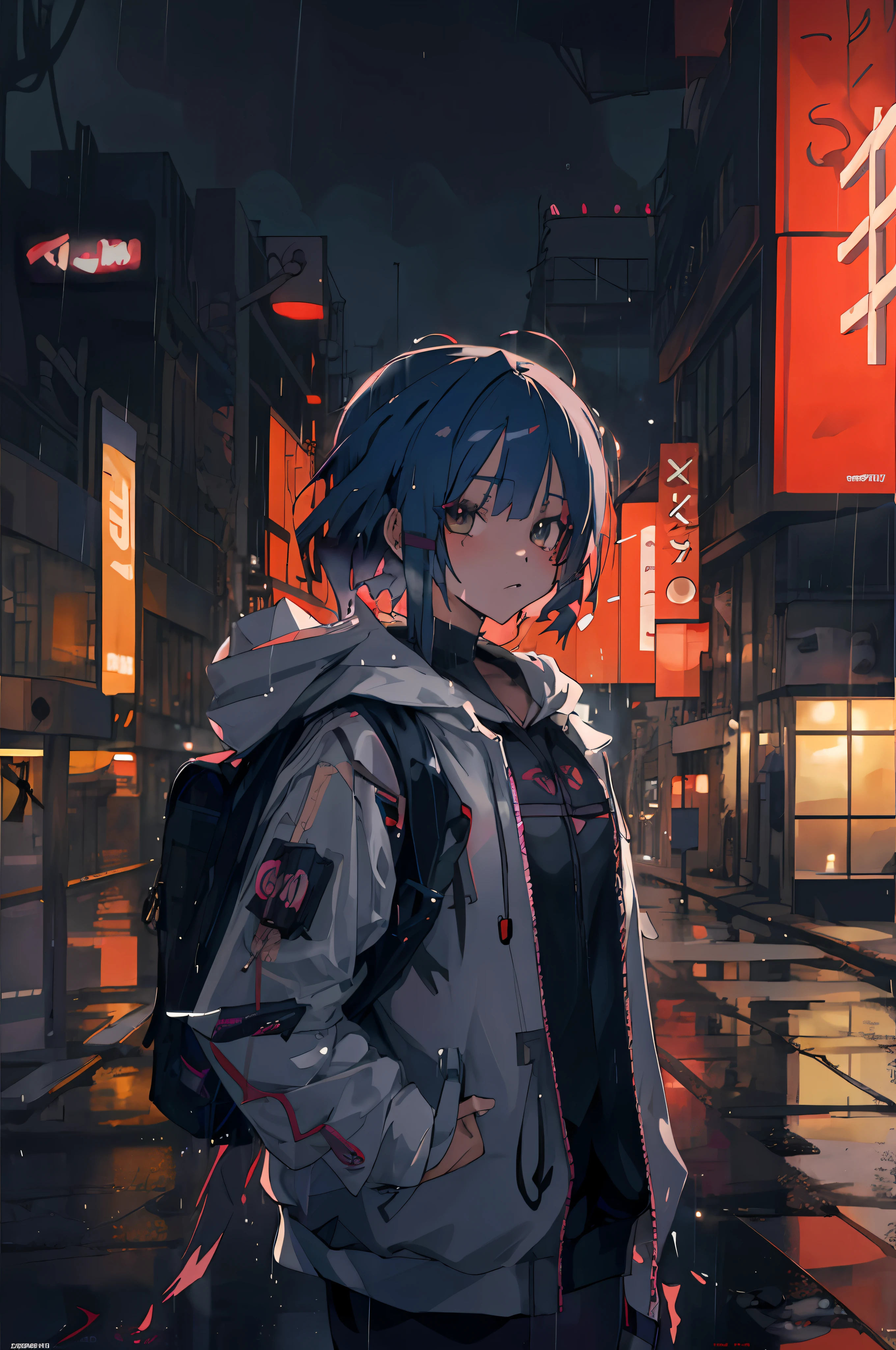 anime girl in the rain with a backpack and a backpack, anime style 4 k, cyberpunk anime girl in hoodie, 4k anime wallpaper, anime art wallpaper 8 k, anime art wallpaper 4k, anime art wallpaper 4 k, anime wallpaper 4k, anime wallpaper 4 k, anime style. 8k, badass anime 8 k, digital cyberpunk anime art