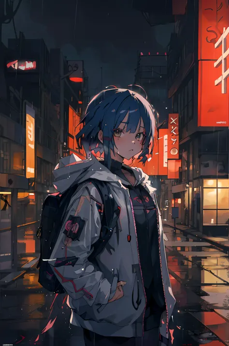 anime girl in the rain with a backpack and a backpack, anime style 4 k, cyberpunk anime girl in hoodie, 4k anime wallpaper, anim...