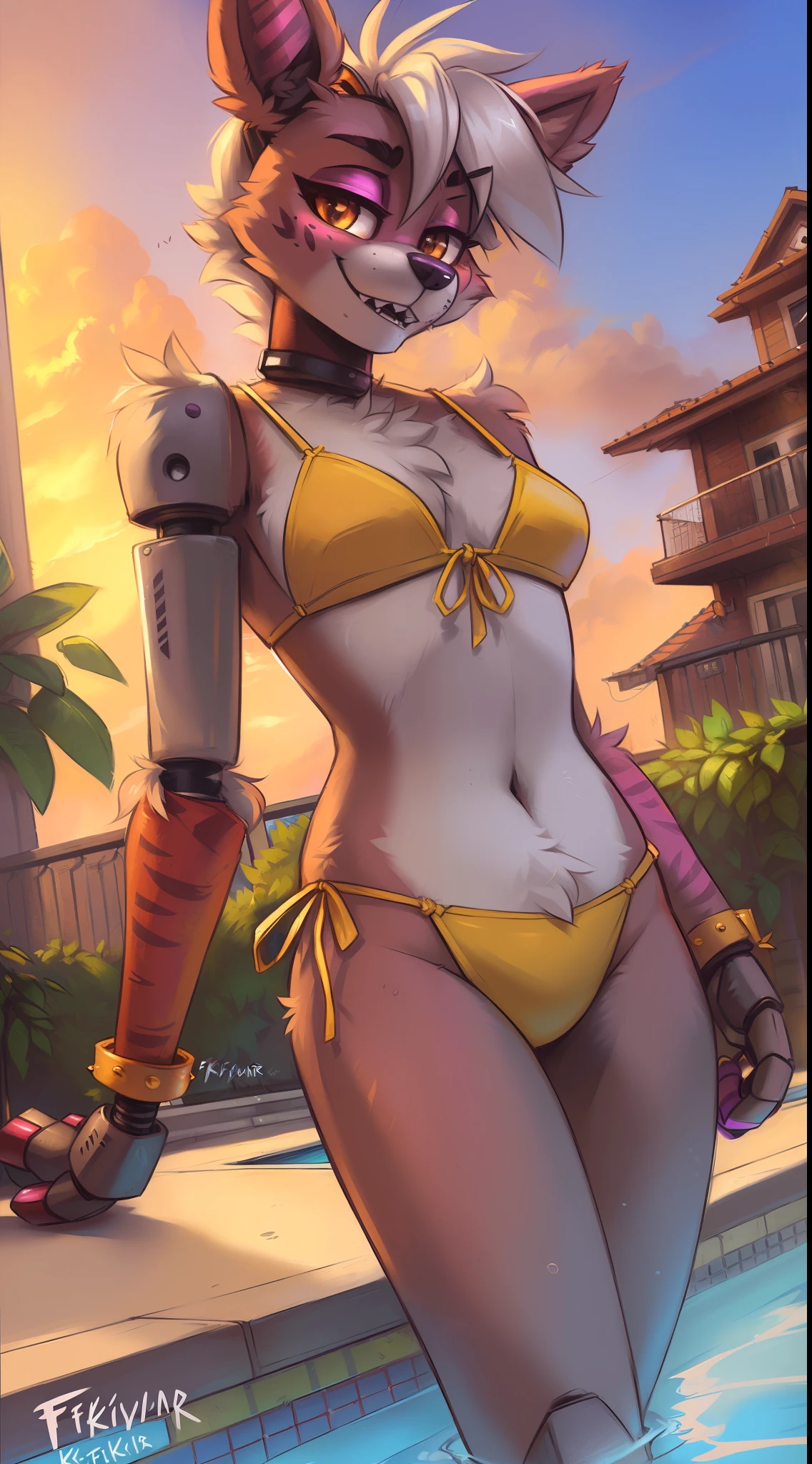 uploaded on e621, (((by fluff-kevlar, by Zackary911, by Kenket, by Kilinah, by fluff-kevlar))), solo female (((Mangle_(fnaf)))), wear (((golden wristband and jewelry and golden bikini))), (detailed wolf Mangle_(fnaf)), (detailed lighting),(detailed fur), (detailed breasts), (detailed skin), BREAK, ((standing at hotel suite outdoor swimming pool with plant on sunny day)), (cinematic lighting), ((detailed background)), ((depth of field)), (half body shadow), ((looking at viewer)), (low-angle view), ((three-quarter view)), [backlighting], [detailed ambient light], [gray natural lighting], [ambient light on the belly], [realistic proportions], [explicit content, adult, nsfw], [sharp focus], (questionable content), (shaded), (hi res), ((masterpiece)), robot, animatronic