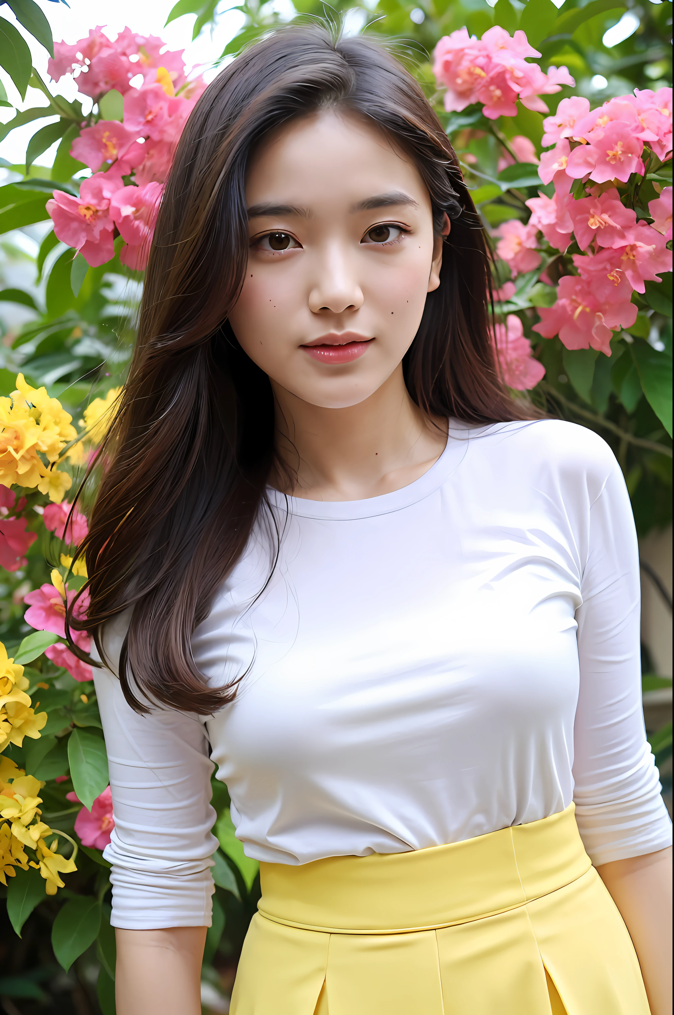 (Highly detailed body, highly detailed face, best quality: 1.2), a female college student, looking at the audience, (white shirt, yellow skirt), (pink bougainvillea chaos in the background: 1.4)