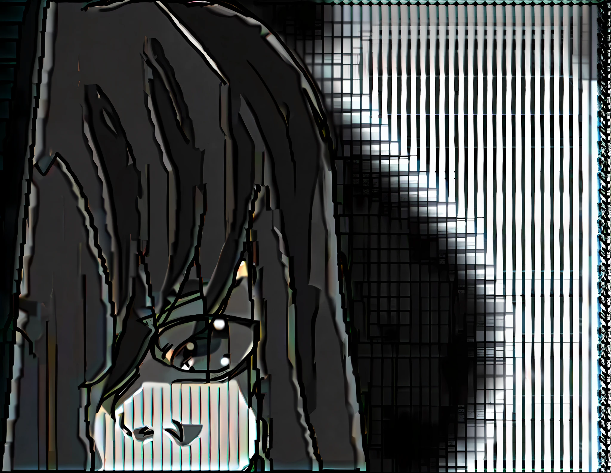anime boy with long black hair and glasses looking at something, anime shading), anime shading, flat anime style shading, no shading, with a sad expression, mostly grayscale, black and white manga panel, detailed anime face, sad expression, desaturated!, cel shaded anime, subtle anime style, inspired by Tetsugoro Yorozu, cell-shaded adult animation, Beautiful man with long hair,white tones,grey,black