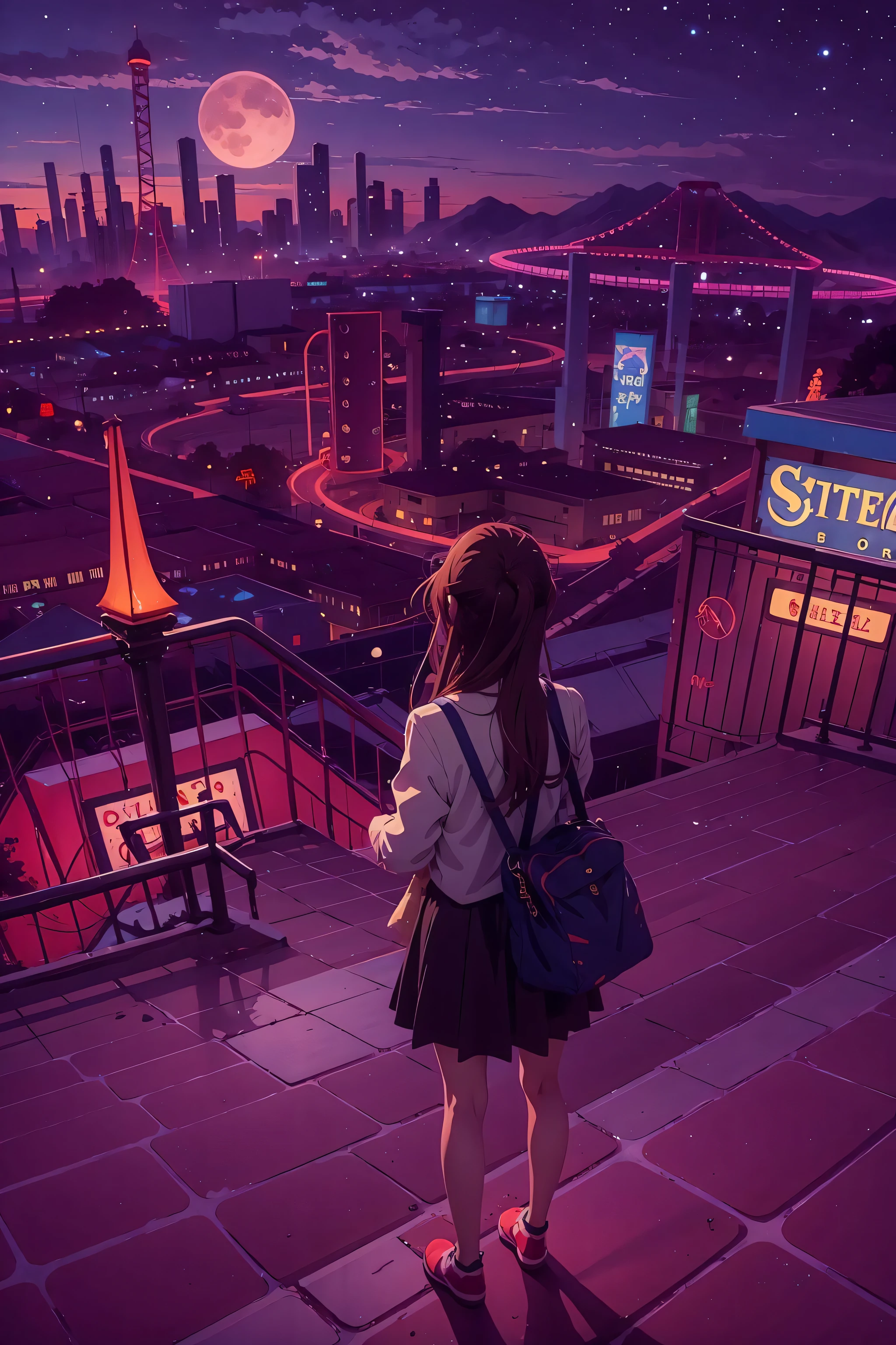 1girl, (Sketch:1.2),  anime key visual,  landscape of a Otherworldly Brutal Amusement park  and Megalopolis, Clear skies, Horror, F/8, Velvia