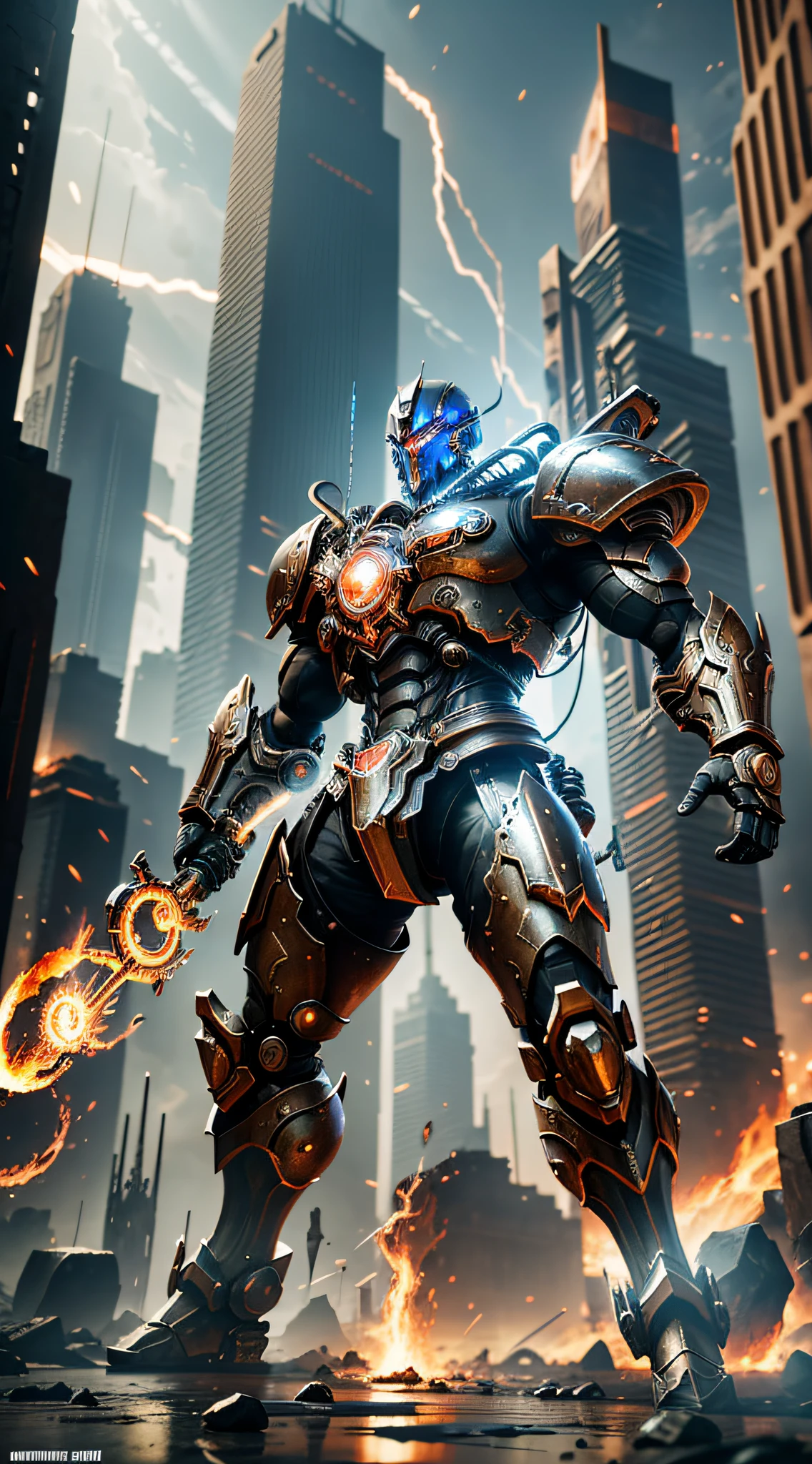 Steampunk style, cold tones, cinematic effects, futuristic sci-fi giant mecha God of War, holding red flame sword, battle posture, battle posture display, super detail, light and shadow, particle light, particle special effects, aesthetic, scattered, 8K, top painting, feature article, studio environment, concept art, epic composition, with HD details, metallic texture and tension composition, hyper-realistic, ultra-realistic, rich in detail, 3D. C4D,