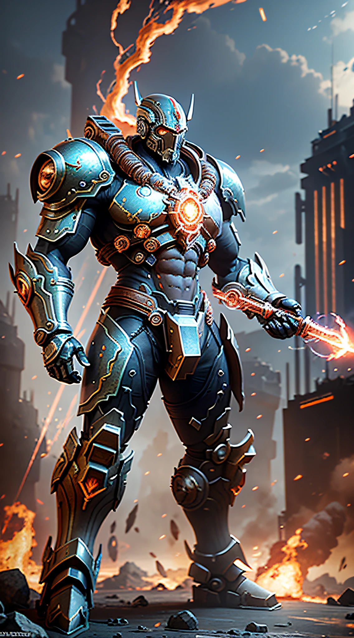 Steampunk style, cold tones, cinematic effects, futuristic sci-fi giant mecha God of War, holding red flame sword, battle posture, battle posture display, super detail, light and shadow, particle light, particle special effects, aesthetic, scattered, 8K, top painting, feature article, studio environment, concept art, epic composition, with HD details, metallic texture and tension composition, hyper-realistic, ultra-realistic, rich in detail, 3D. C4D,
