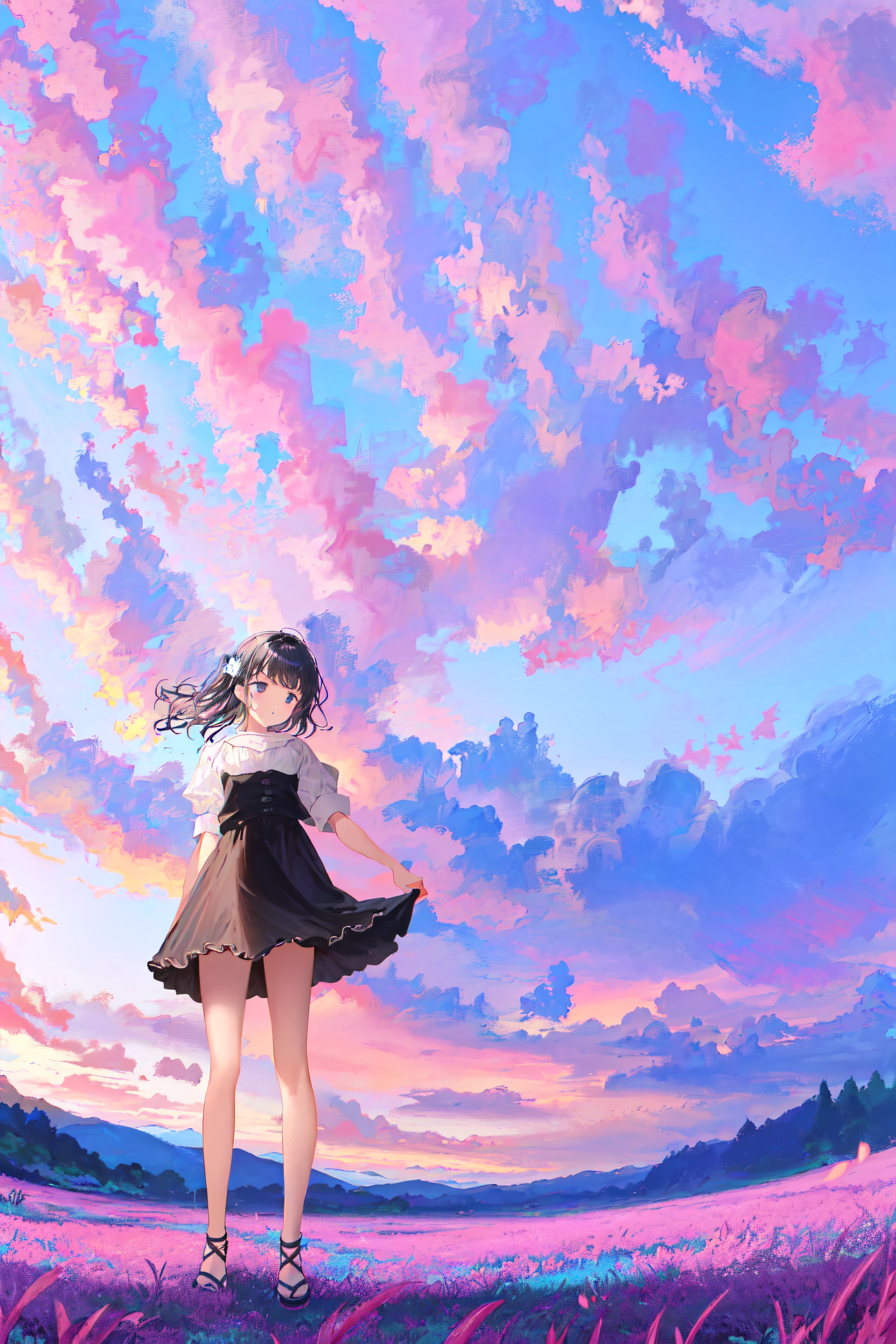 masterpiece, best quality, ultra-detailed, illustration, portrait, best Light and Shadow quality,4k,8k,[cg],
,,
tabi, (pink blue theme),
,,
15mm lens,
(very wide shot), (from below:1.1), (full body:1.4),
,,
horizon structure, 
(outdoors,), cloudy sky, flower field, grasslands, lake,
,,
( 1girl walking),
((dynamic pose)),
,,
amamitsuki,