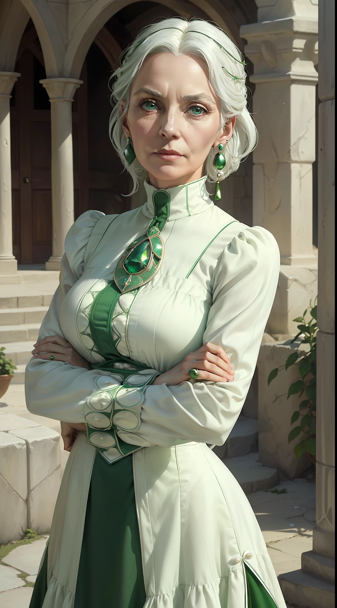 A woman, (((solo)))), (elderly, 60 years old, light eyes, armed white hair, noble posture), (she wears a green and white Victorian dress with turtleneck and long sleeves, pearl earrings, a green jewel on her forehead), she is in a square during the day, medieval fantasy RPG