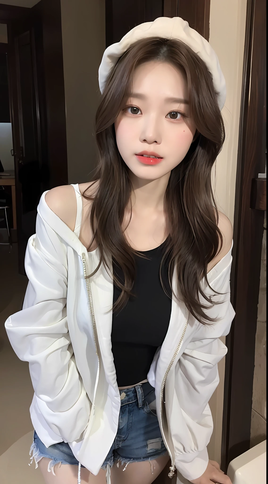((Best Quality, 8K, Masterpiece: 1.3)), (Flower Cap: 1.3), Focus: 1.2, Perfect Body Beauty: 1.4, Buttocks: 1.2, (Layered Haircut: 1.2)), , (Lijiang Old Town: 1.3), Highly detailed face and skin texture, Full body, delicate eyes, Double eyelids, Whitening skin, Long hair, (Round face: 1.5), (Leaky shoulder jacket, Shorts: 1.6)
