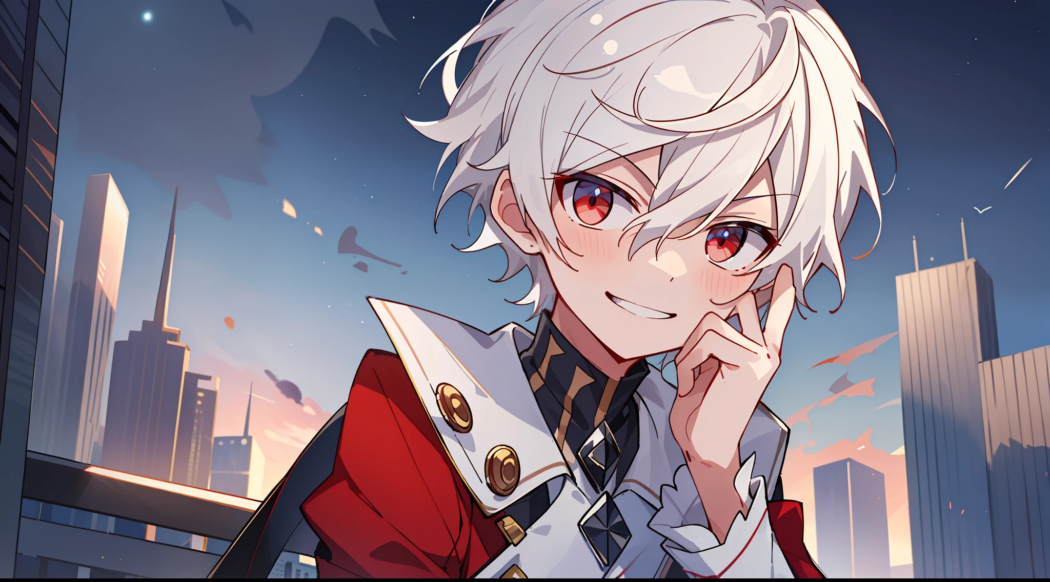 ((masterpiece)),(((best quality))), (high-quality, breathtaking), (expressive eyes, perfect face), 1boy, solo, male, short, young, boy, short white hair, red eyes, on top of building, night sky, buildings, phantom thief, wear short shorts, smirk