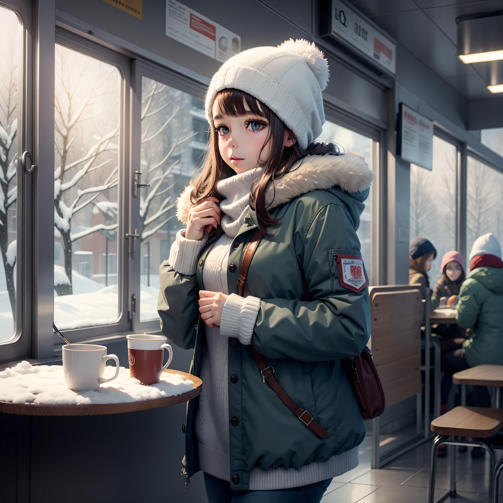 girl,cold clothing,cafeteria day,snow