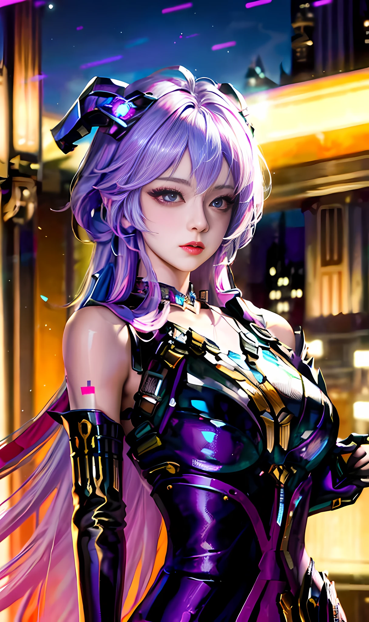 best quality, illustration, beautiful detailed girl, beautiful detailed glow, 
detailed ice, beautiful detailed water, beautiful detailed eyes, expressionless, in full growth, purple eyes, horns, long hair, looking at viewer,  floating palaces, azure hair, disheveled hair, long bangs, hairs between eyes, skyblue dress, black ribbon, white bowties, midriff, half closed eyes, big forhead, blank stare, flower, large top sleeves, guweiz, nixeu,wlop, cyborg, cyberpunk, neon lights, ((master piece)), (extremely detailed CG unity 8k wallpaper)