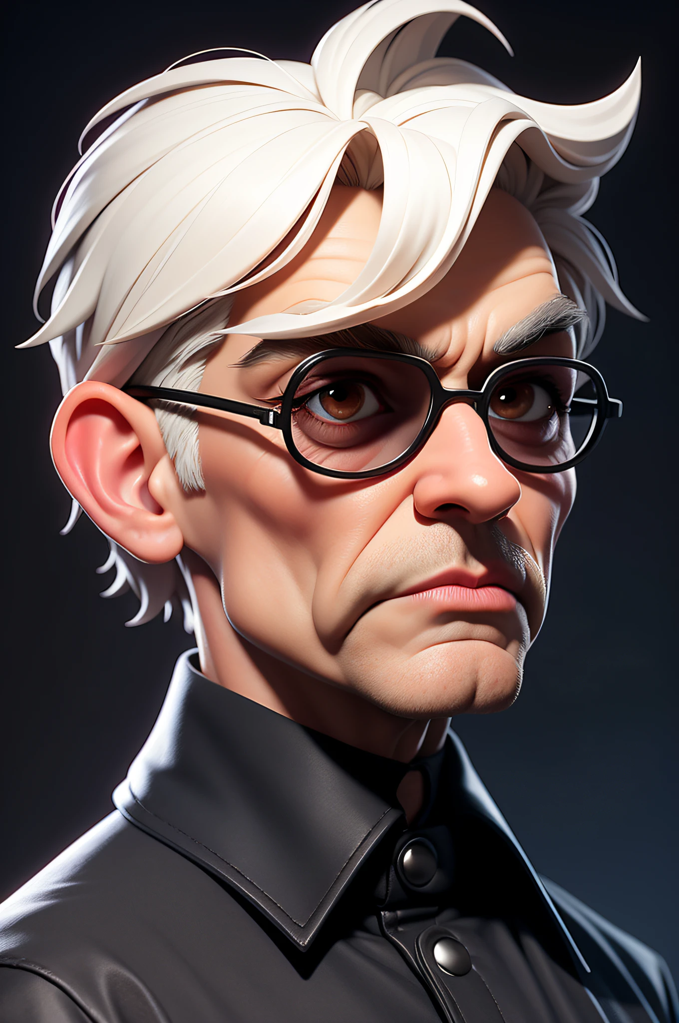 masterpiece, best quality, 3d rending work, 3DMM style, close-up, portrait, 3d, 65 year old man, old man, white hair, sunglasses, white eyebrows, colorful checkered shirt, light brunette, looking to the side, realistic, upper body, simple background, bangs, looking away, short hair, lips parted, black eyes, lips, gothic, choker, makeup, soft,  black shirt, shirt, watermark