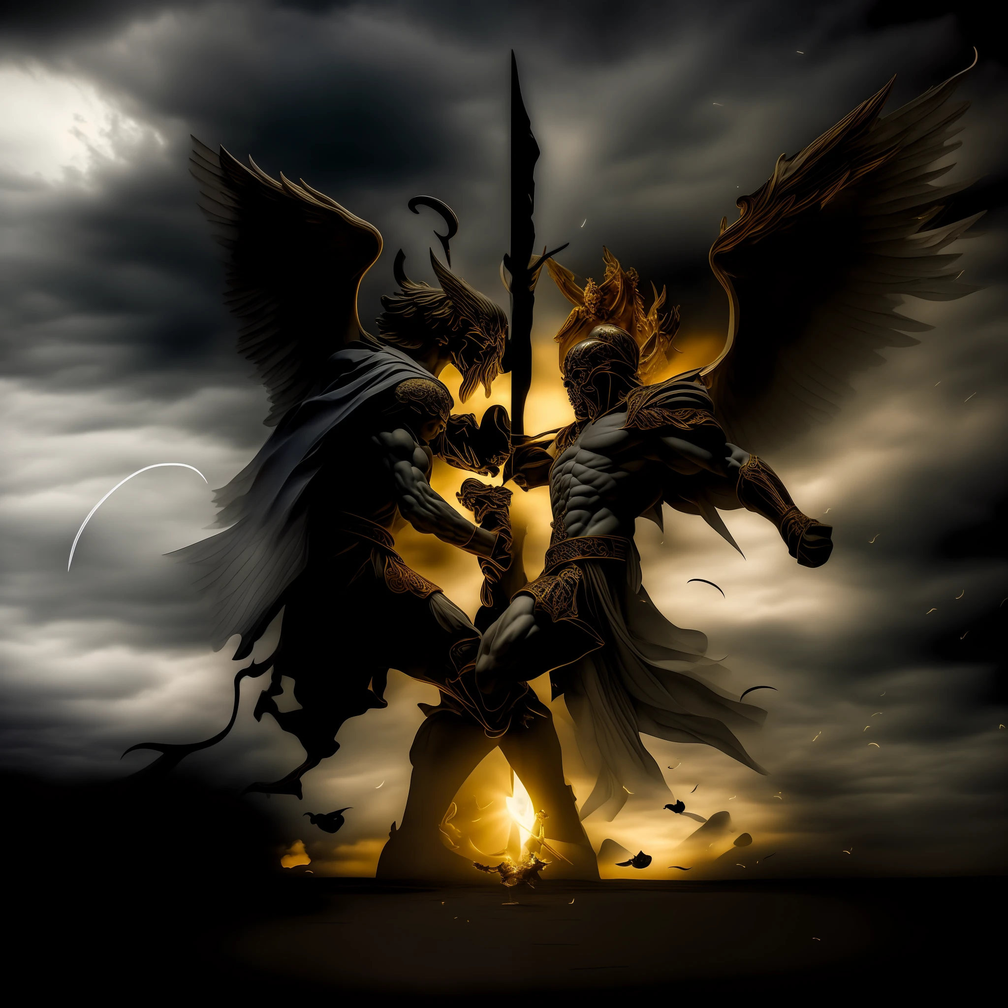 two angels fighting over a sword in a dark sky, battle between good and evil, angels vs demons, battle between angels and demons, angel versus devil, good vs evil, eros and thanatos, devil versus angel, good and evil, good versus evil, beautiful gemini good and evil, angels and demons, angel watching demon, battle of good versus evil, heaven vs hell