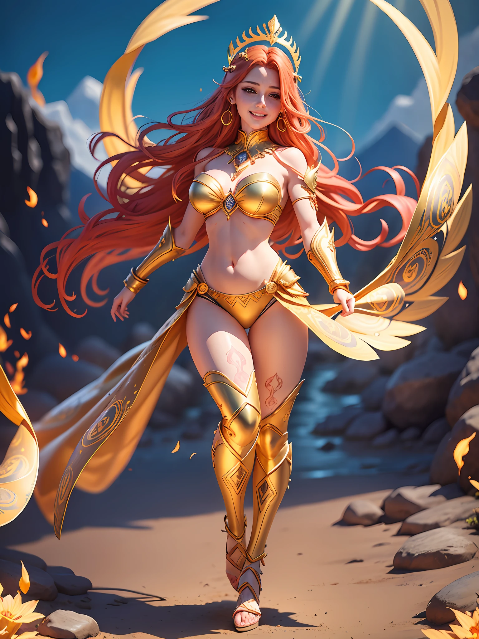 Hand-drawn illustration of a handsome angel with red hair, bright light green eyes, symmetrical angelic wings, leather armor, halo, illustration, watercolor sketch, (best quality)), detailed intricate, Pakistani, belly out, thick lips with red lipstick, lightly made up and rosy cheeks, female, thin waist, wide hips, thick legs, defined and delicate body, detailed skin, golden tribal tattoo, sunny day, blue sky, sun rays, brightness, smiling, flowery garden, golden tribal tattoo, shiny golden armor with red stones, cheerful, happy, beautiful, full body, flying, mountains in the background, golden aura, rays and fire, crystals, scorpion tattoo on belly, armor, greek goddess, tiara with jewelry, earrings, bright halo, emanating energy, Scorpion Armor, Full Body, Golden Sandals to the Shin, Depth, Flames of Fire, Armor on the Arms, Armor on the Shoulders, Armor at the Waist, Amazon Warrior, Warrior, Amazon, Queen, Wrapped in Transparent Fabric, Scorpion Jewelry, Scorpion Tattoo, Tribal Scorpion Tattoo, Zodiac Knights, Wet, Water Drops, Wet Hair, Wet Skin