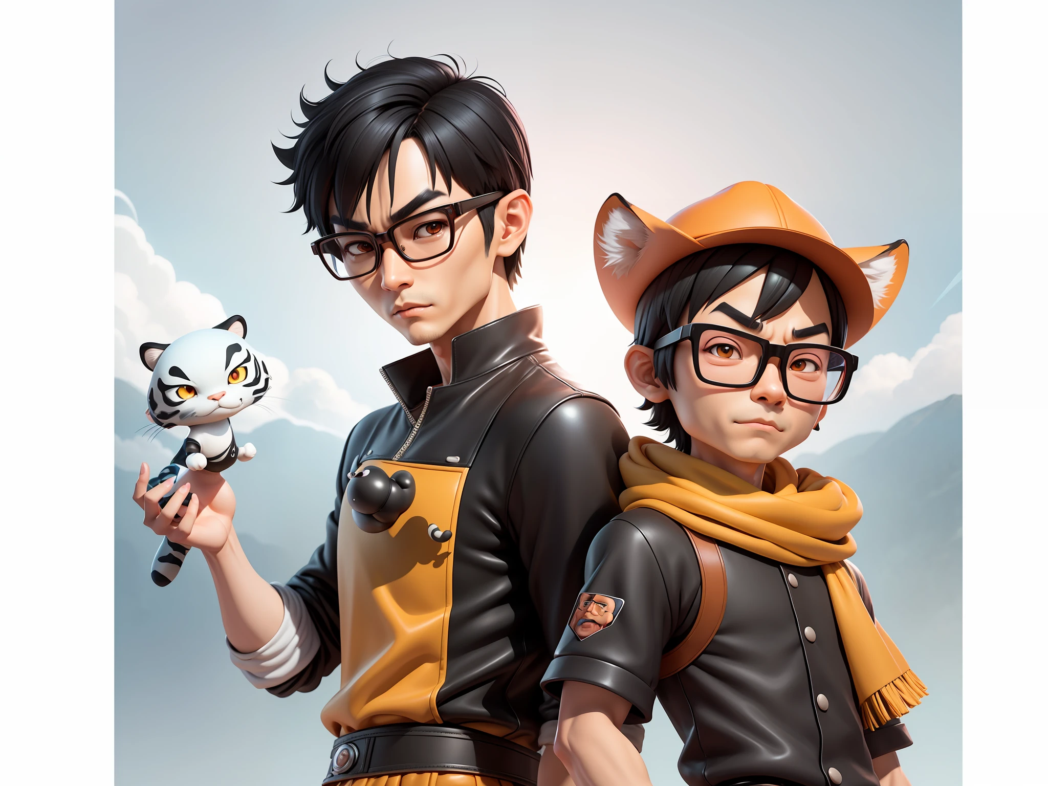 Young man with oriental face wearing leather hat wearing tiger shirt Tang costume, short black hair, silver glasses, digital painting, 3D character design by Mark Clairedon and Pixar and Hayao Miyazaki and Akira Toriyama, the illustration is a high-definition illustration in 4K resolution with very detailed facial features and cartoon-style visuals.